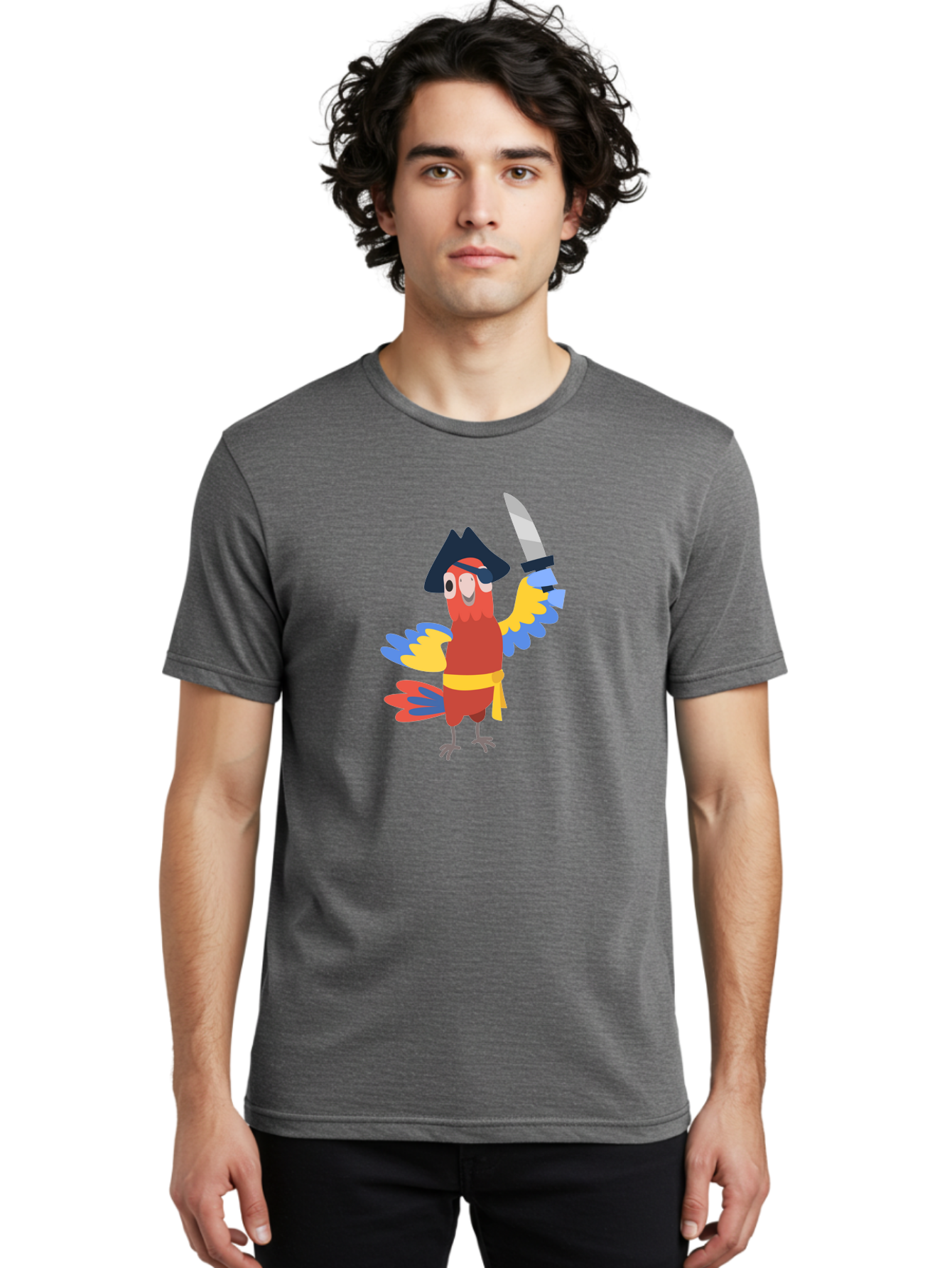 Pirate-Parrot Men'S Graphic Tee, 100% Cotton, Comfortable Casual Summer Wear, Machine Washable, Colorful Parrot Pirate, Pirate Bird Character, Swashbuckling Parrot, Pirate Hat, Pirate Sword, Cartoon Parrot, Pirate Costume, Red Parrot, Aab876 4