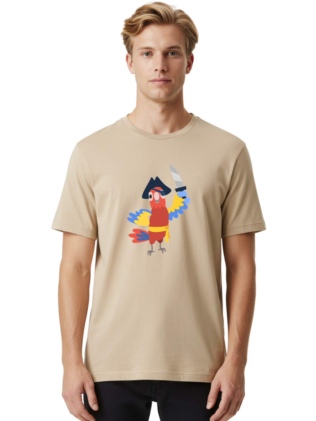 Pirate-Parrot Men'S Graphic Tee, 100% Cotton, Comfortable Casual Summer Wear, Machine Washable, Colorful Parrot Pirate, Pirate Bird Character, Swashbuckling Parrot, Pirate Hat, Pirate Sword, Cartoon Parrot, Pirate Costume, Red Parrot, Aab876 10