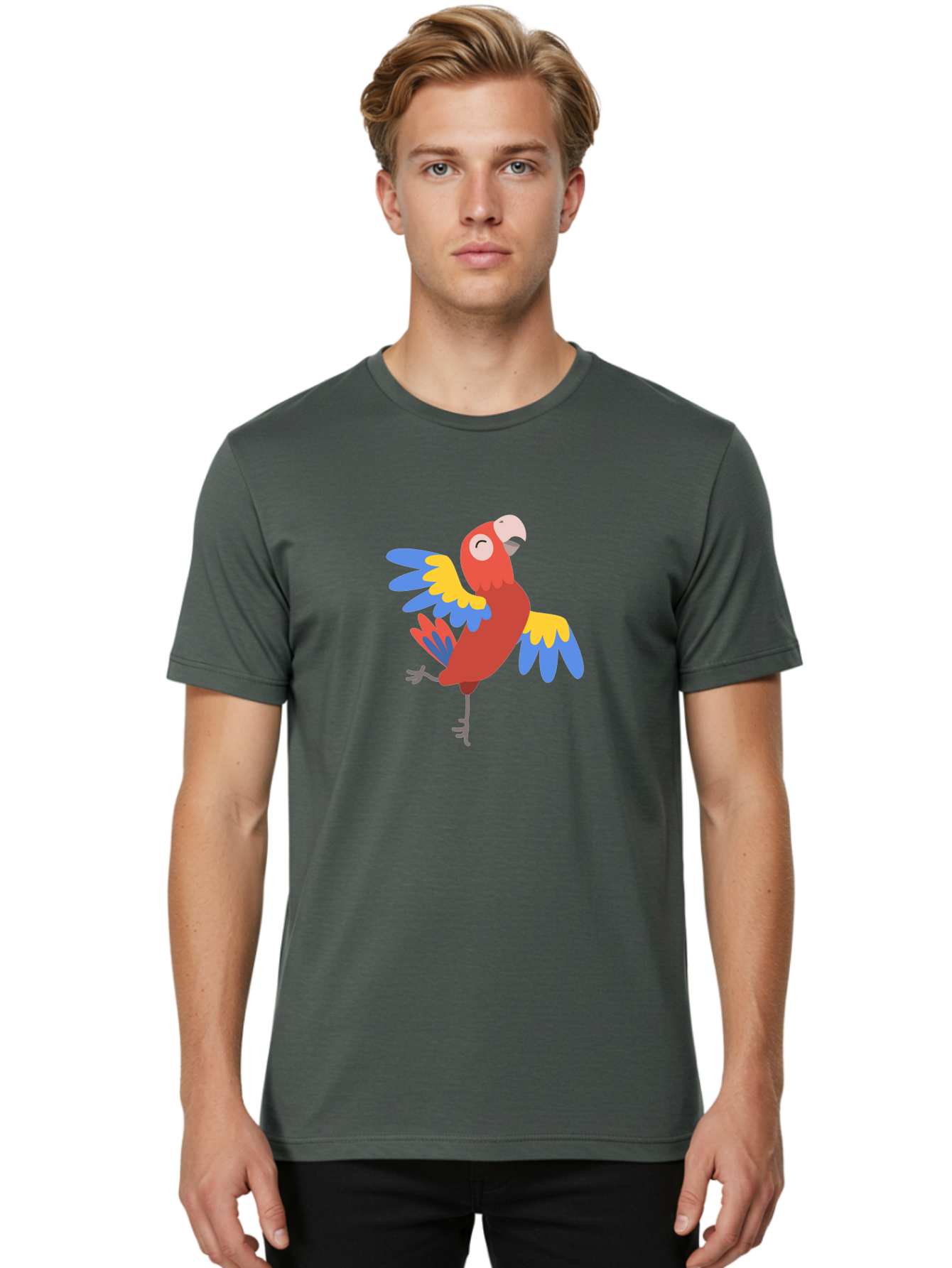 Red-Parrot-1 Men'S Graphic Tee, 100% Cotton, Comfortable Casual Summer Wear, Machine Washable, Vibrant Parrot, Colorful Bird, Tropical Animal, Red Plumage, Blue And Yellow Wings, Cartoon Character, Exotic Bird, Playful Stance, Aab877 28