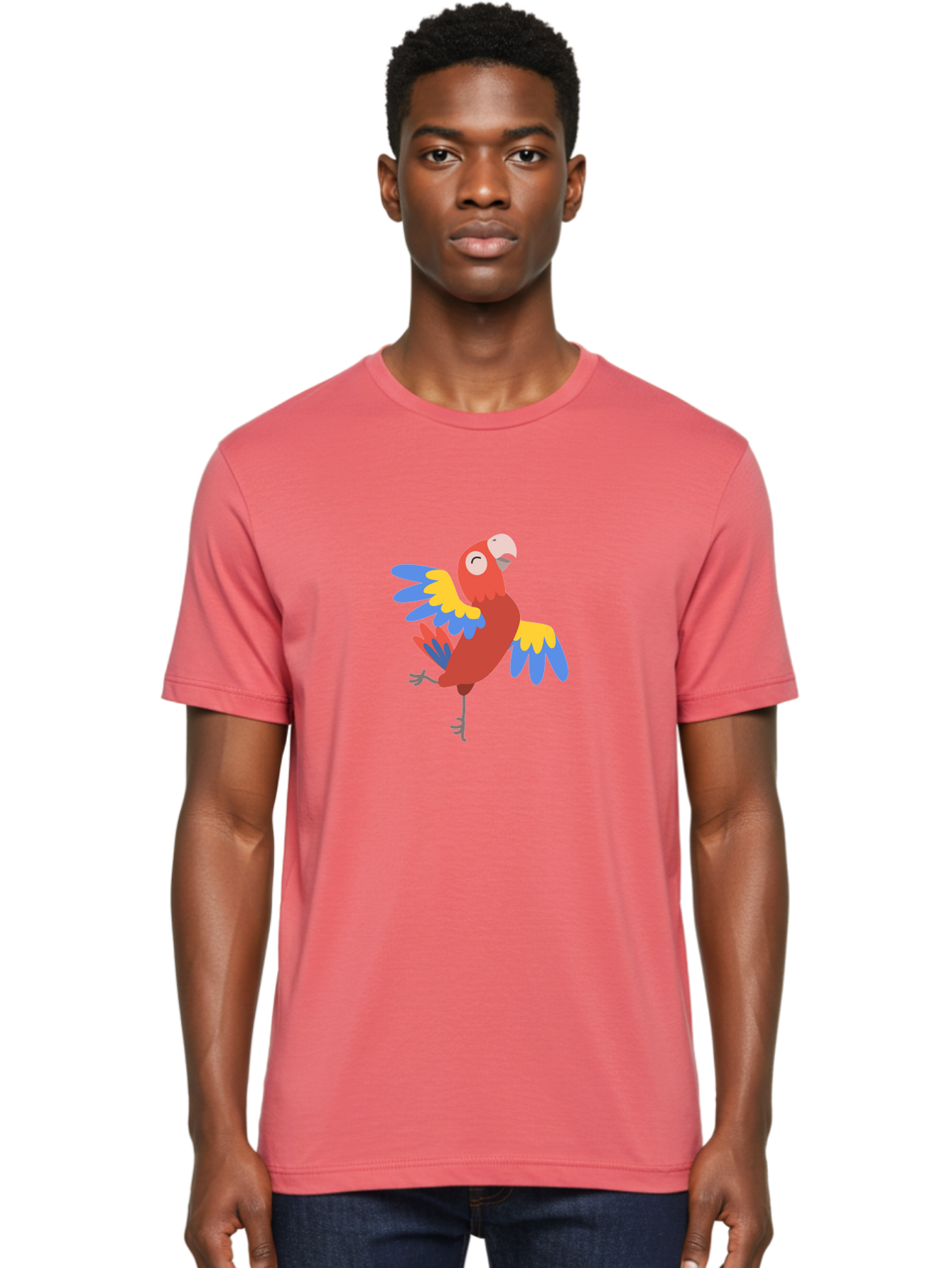 Red-Parrot-1 Men'S Graphic Tee, 100% Cotton, Comfortable Casual Summer Wear, Machine Washable, Vibrant Parrot, Colorful Bird, Tropical Animal, Red Plumage, Blue And Yellow Wings, Cartoon Character, Exotic Bird, Playful Stance, Aab877 4