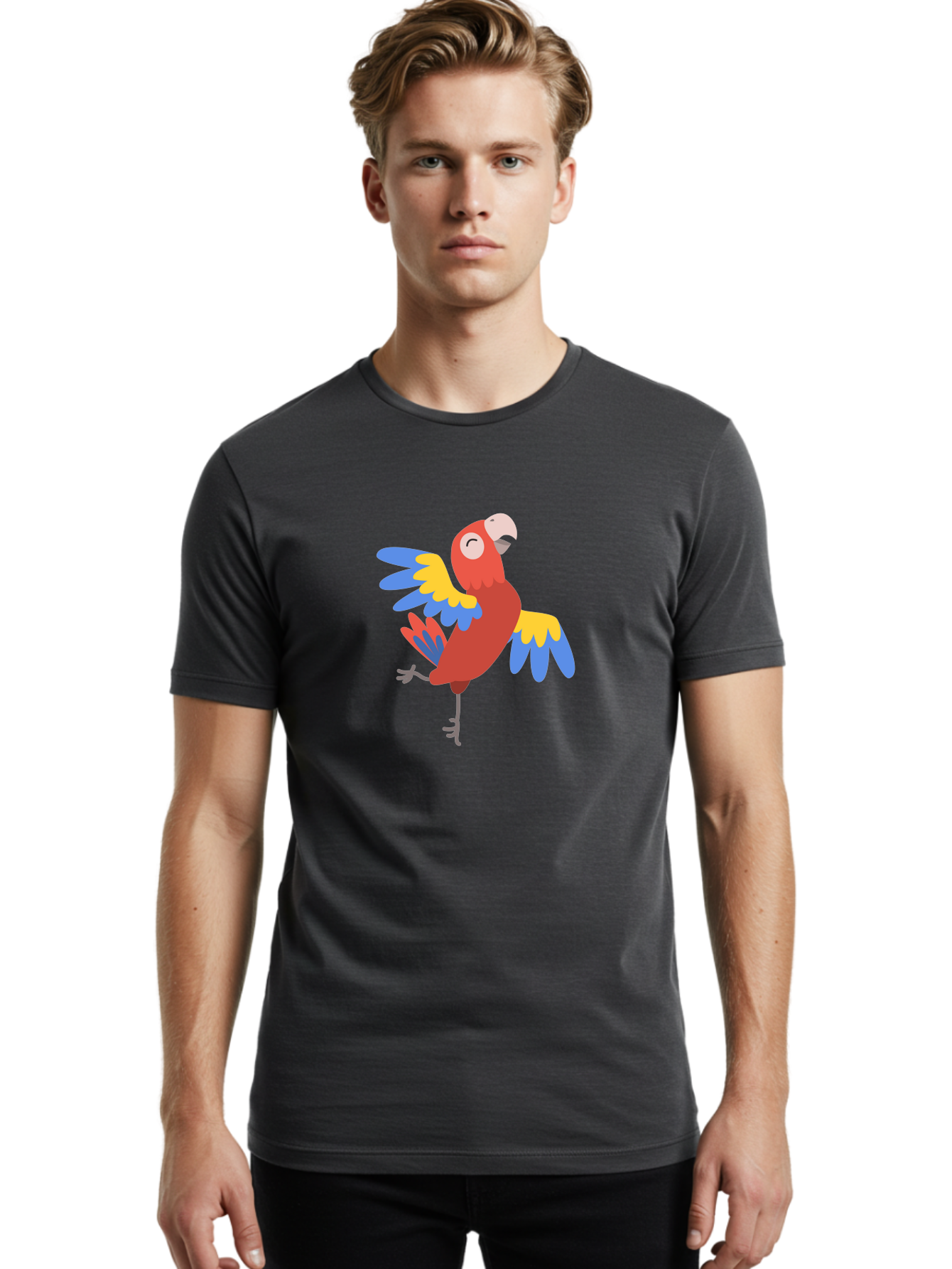 Red-Parrot-1 Men'S Graphic Tee, 100% Cotton, Comfortable Casual Summer Wear, Machine Washable, Vibrant Parrot, Colorful Bird, Tropical Animal, Red Plumage, Blue And Yellow Wings, Cartoon Character, Exotic Bird, Playful Stance, Aab877 24