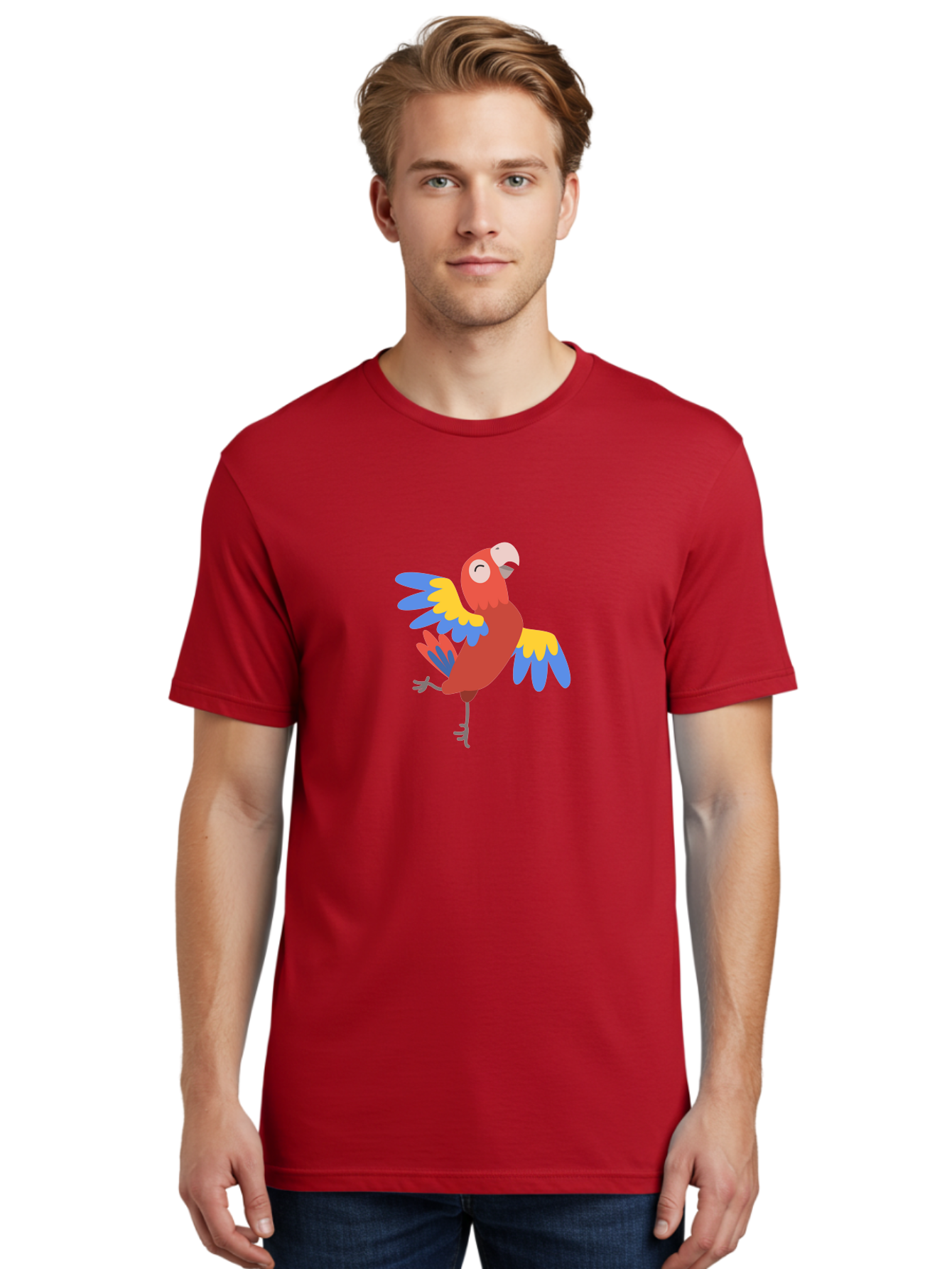 Red-Parrot-1 Men'S Graphic Tee, 100% Cotton, Comfortable Casual Summer Wear, Machine Washable, Vibrant Parrot, Colorful Bird, Tropical Animal, Red Plumage, Blue And Yellow Wings, Cartoon Character, Exotic Bird, Playful Stance, Aab877 8