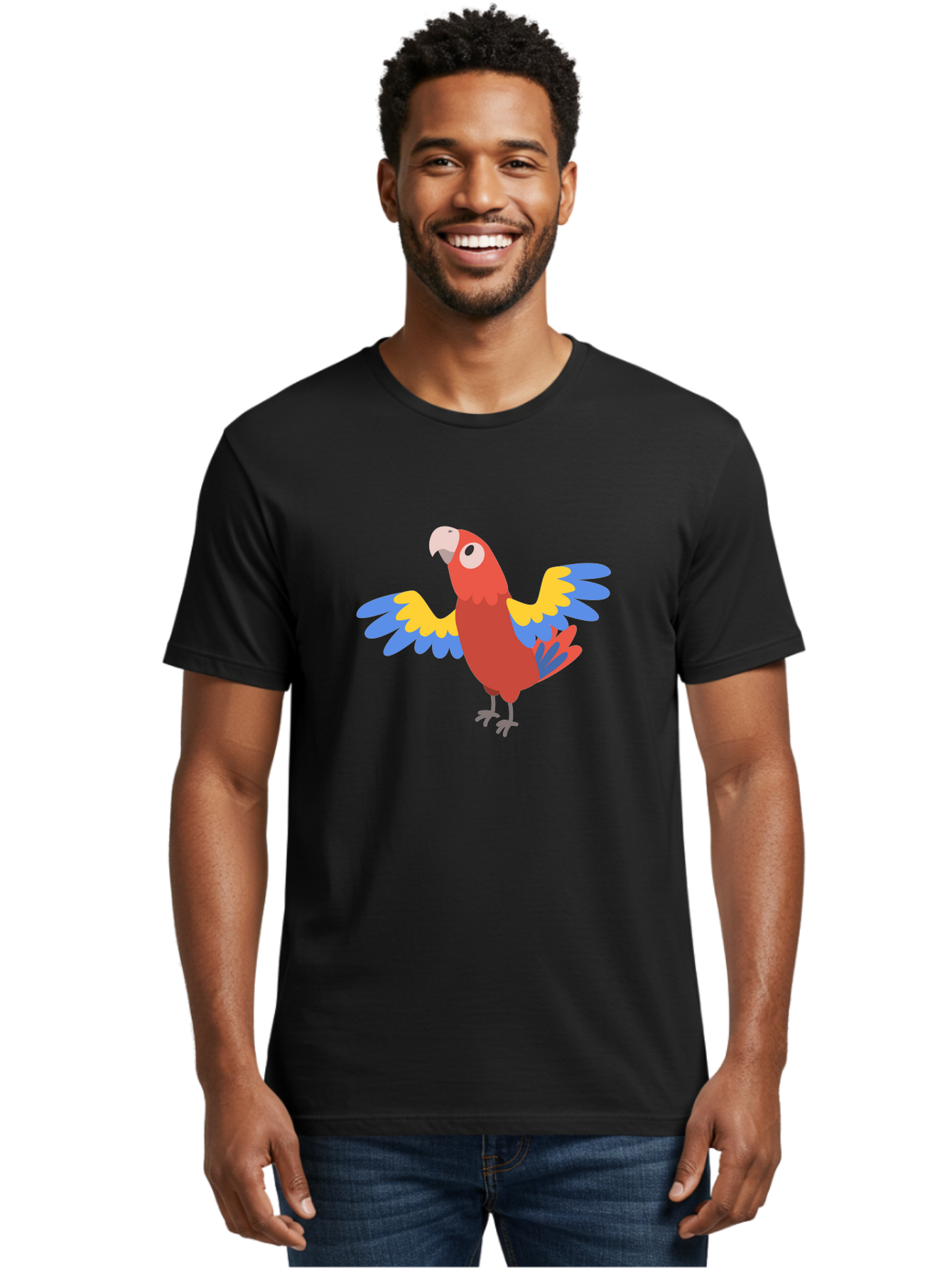 Red-Parrot-3 Men'S Graphic Tee, 100% Cotton, Comfortable Casual Summer Wear, Machine Washable, Vibrant Red Parrot, Colorful Bird, Blue And Yellow Wings, Cartoon Illustration, Playful Parrot, Tropical Bird, Animal Art, Red Feathers, Aab879 12