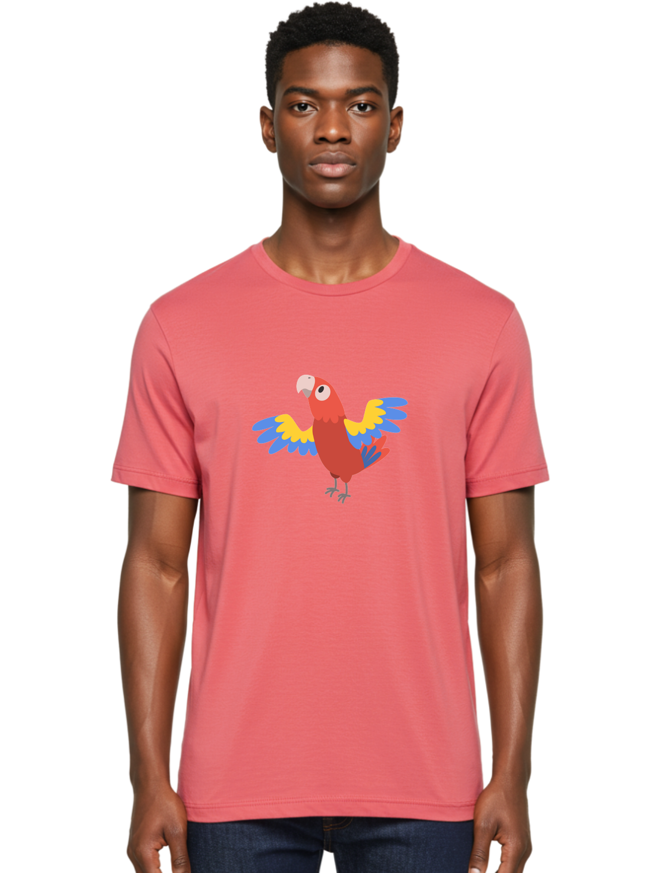 Red-Parrot-3 Men'S Graphic Tee, 100% Cotton, Comfortable Casual Summer Wear, Machine Washable, Vibrant Red Parrot, Colorful Bird, Blue And Yellow Wings, Cartoon Illustration, Playful Parrot, Tropical Bird, Animal Art, Red Feathers, Aab879 8