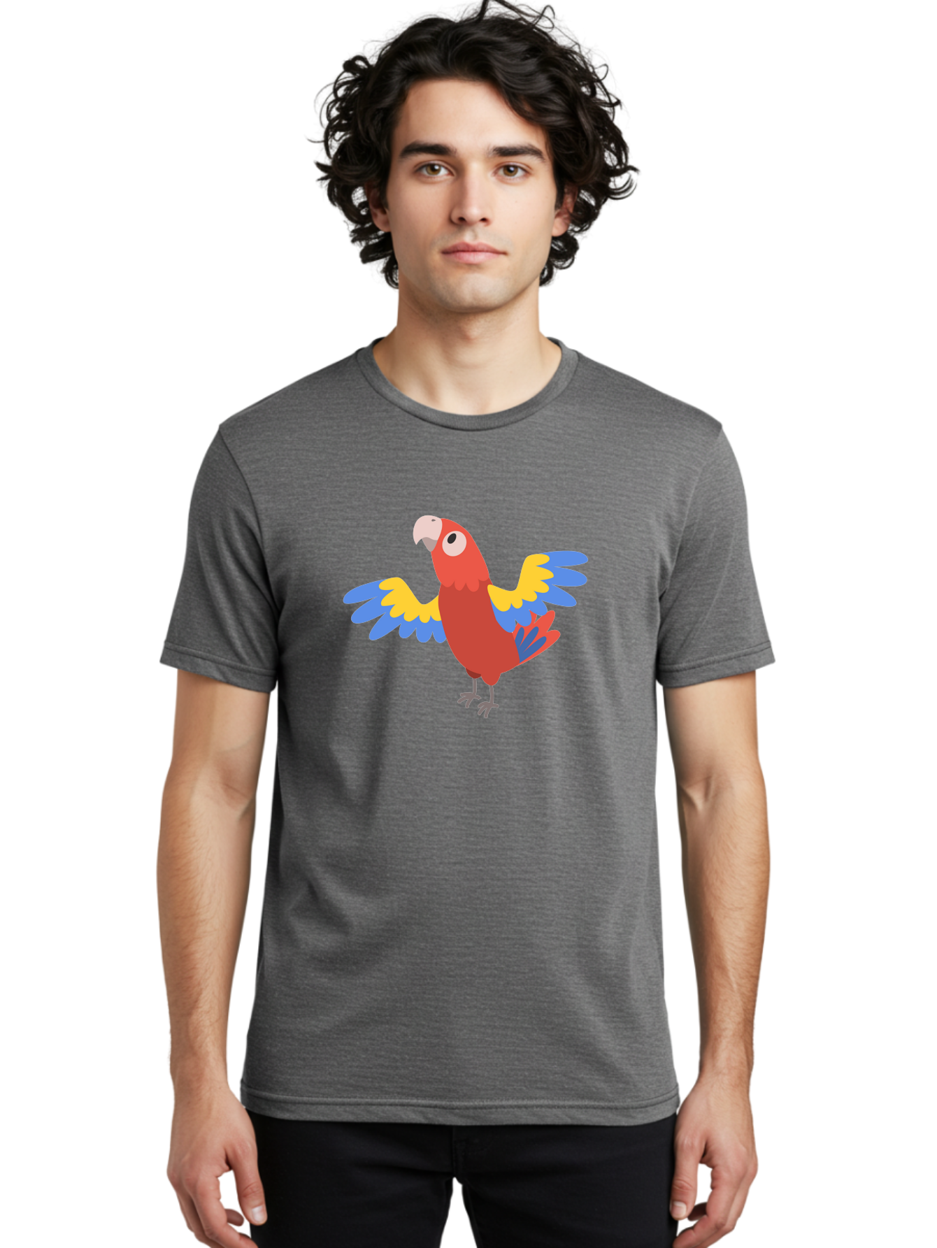 Red-Parrot-3 Men'S Graphic Tee, 100% Cotton, Comfortable Casual Summer Wear, Machine Washable, Vibrant Red Parrot, Colorful Bird, Blue And Yellow Wings, Cartoon Illustration, Playful Parrot, Tropical Bird, Animal Art, Red Feathers, Aab879 28