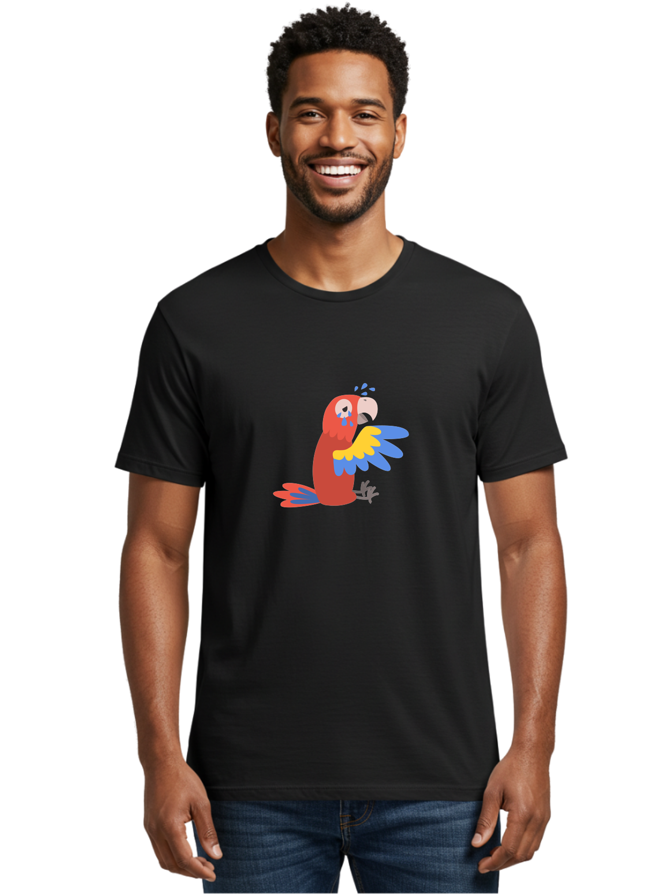 Sad-Parrot Men'S Graphic Tee, 100% Cotton, Comfortable Casual Summer Wear, Machine Washable, Sad Parrot, Cartoon Bird, Emotional Animal, Colorful Plumage, Blue Tears, Vibrant Artwork, Playful Illustration, Distressed Creature Aab882 18