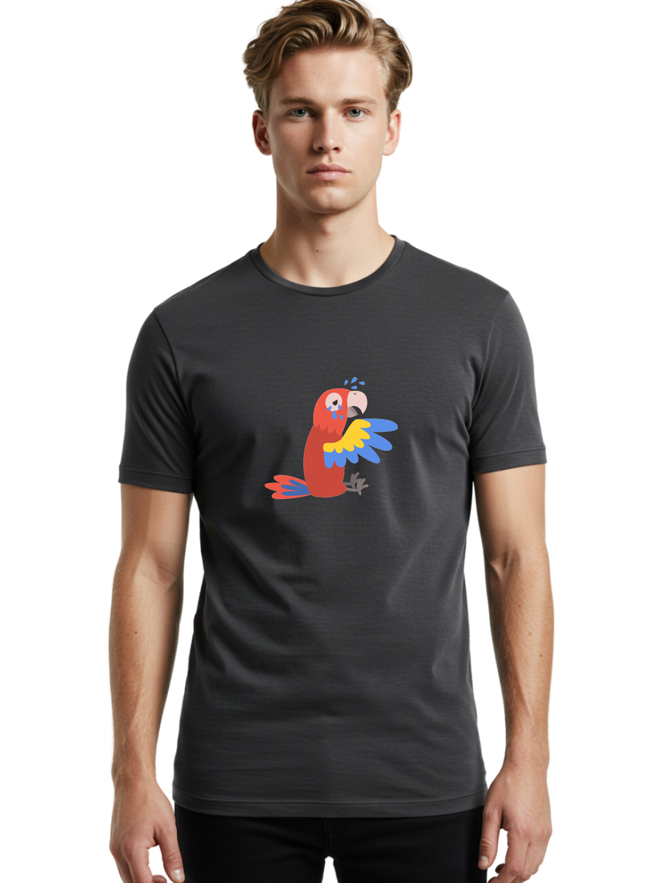 Sad-Parrot Men'S Graphic Tee, 100% Cotton, Comfortable Casual Summer Wear, Machine Washable, Sad Parrot, Cartoon Bird, Emotional Animal, Colorful Plumage, Blue Tears, Vibrant Artwork, Playful Illustration, Distressed Creature Aab882 12