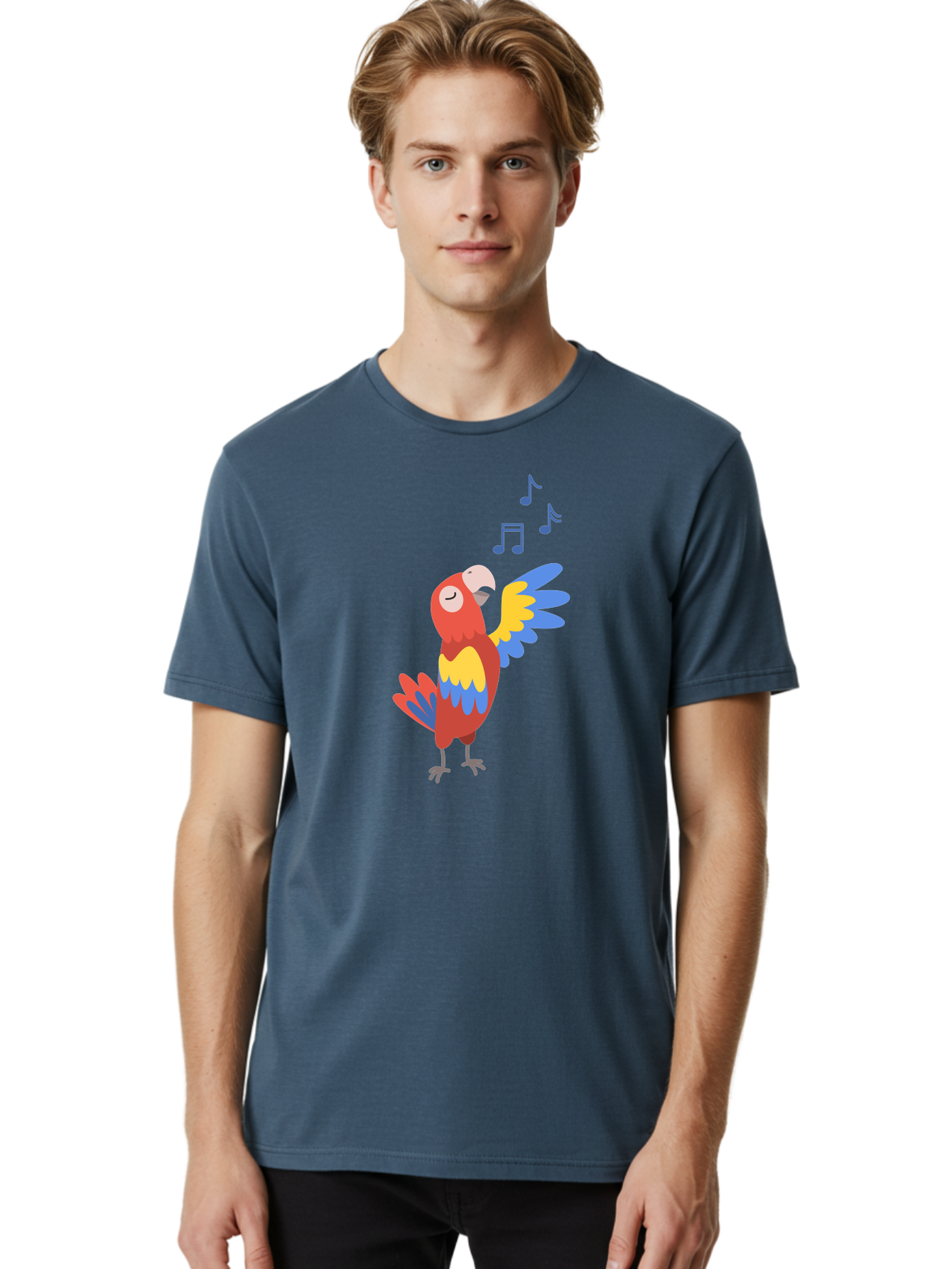 Singing-Parrot-1 Men'S Graphic Tee, 100% Cotton, Comfortable Casual Summer Wear, Machine Washable, Singing Parrot, Colorful Bird, Music Notes, Vibrant Plumage, Happy Expression, Melodic Sounds, Tropical Ambiance, Lively Atmosphere, Aab884 26