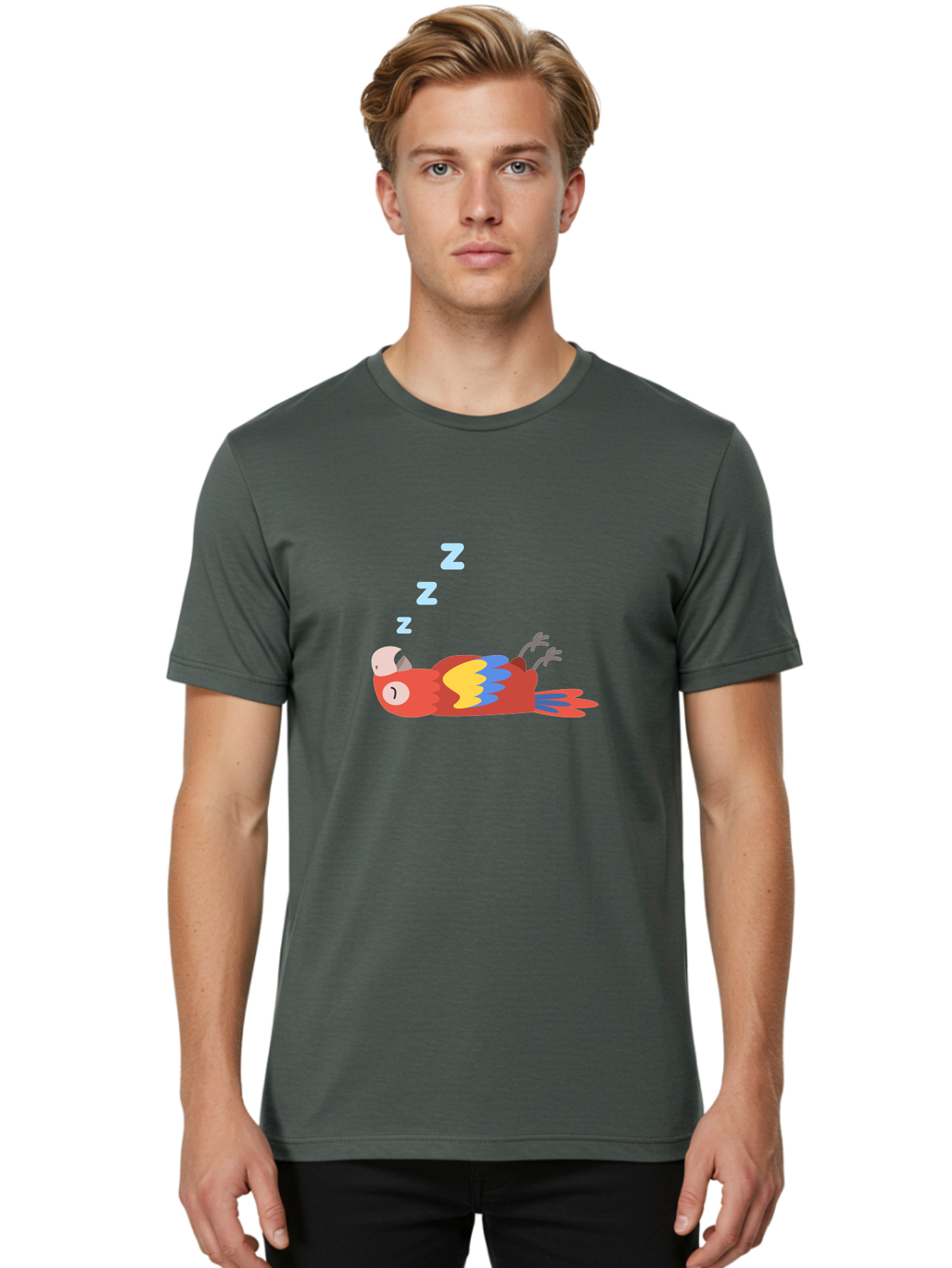 Sleeping-Parrot-1 Men'S Graphic Tee, 100% Cotton, Comfortable Casual Summer Wear, Machine Washable, Sleeping Parrot, Cartoon Bird, Colorful Plumage, Relaxed Atmosphere, Snoozing Animal, Zzz, Dreamy Expression, Vibrant Feathers, Tropical Bird Aab888 28