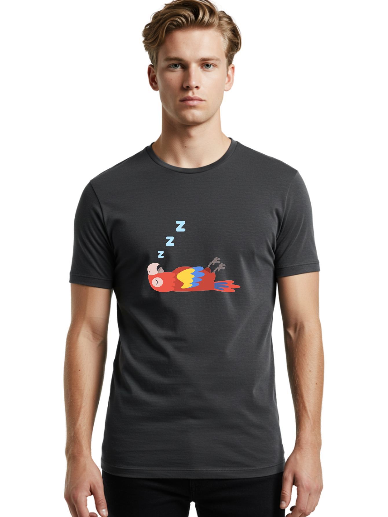 Sleeping-Parrot-1 Men'S Graphic Tee, 100% Cotton, Comfortable Casual Summer Wear, Machine Washable, Sleeping Parrot, Cartoon Bird, Colorful Plumage, Relaxed Atmosphere, Snoozing Animal, Zzz, Dreamy Expression, Vibrant Feathers, Tropical Bird Aab888 18