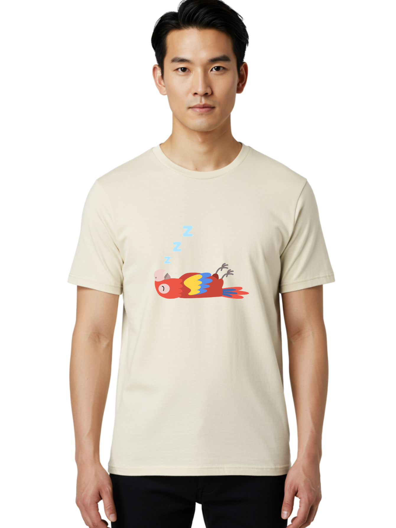 Sleeping-Parrot-1 Men'S Graphic Tee, 100% Cotton, Comfortable Casual Summer Wear, Machine Washable, Sleeping Parrot, Cartoon Bird, Colorful Plumage, Relaxed Atmosphere, Snoozing Animal, Zzz, Dreamy Expression, Vibrant Feathers, Tropical Bird Aab888 24