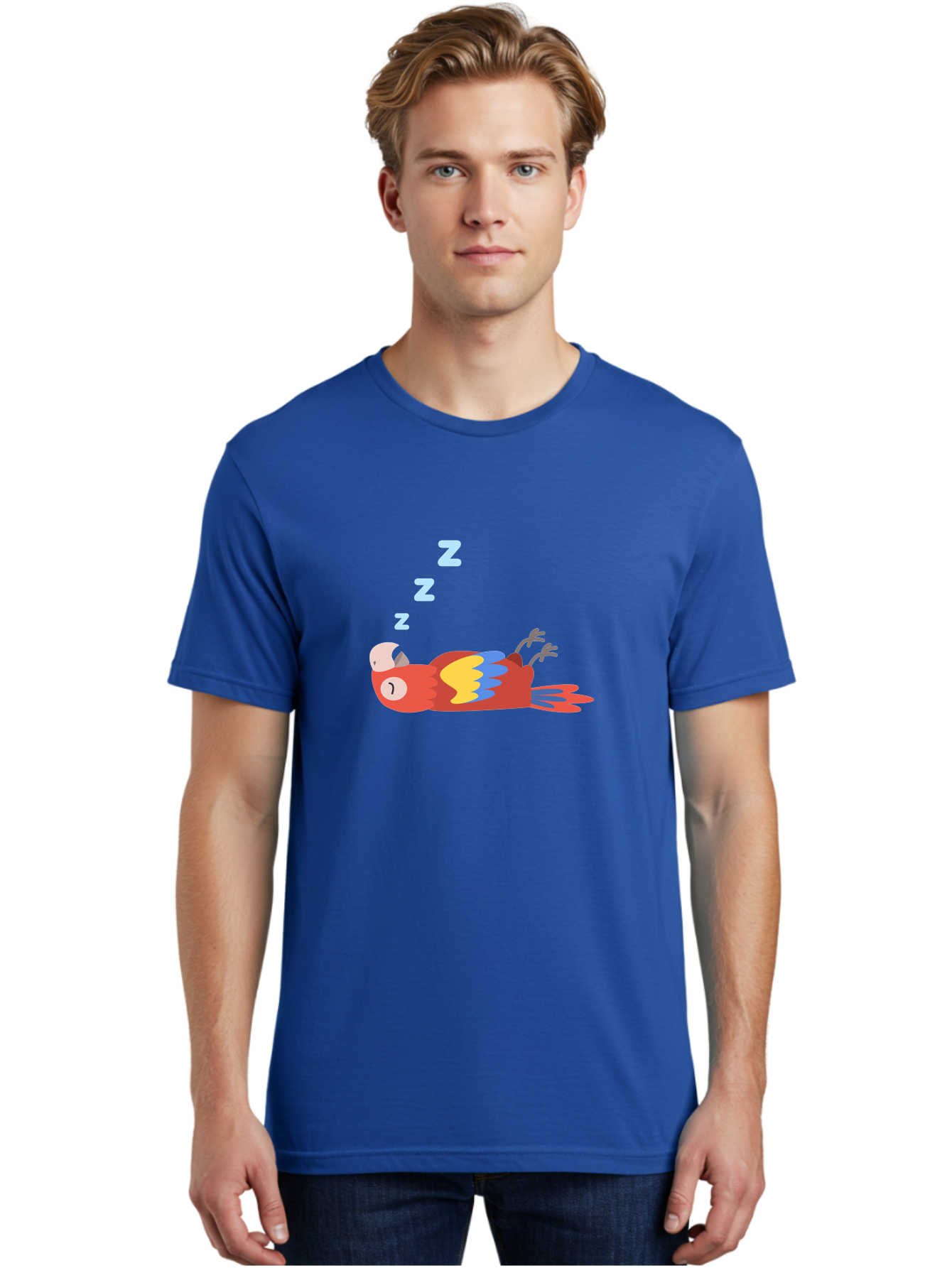 Sleeping-Parrot-1 Men'S Graphic Tee, 100% Cotton, Comfortable Casual Summer Wear, Machine Washable, Sleeping Parrot, Cartoon Bird, Colorful Plumage, Relaxed Atmosphere, Snoozing Animal, Zzz, Dreamy Expression, Vibrant Feathers, Tropical Bird Aab888 2