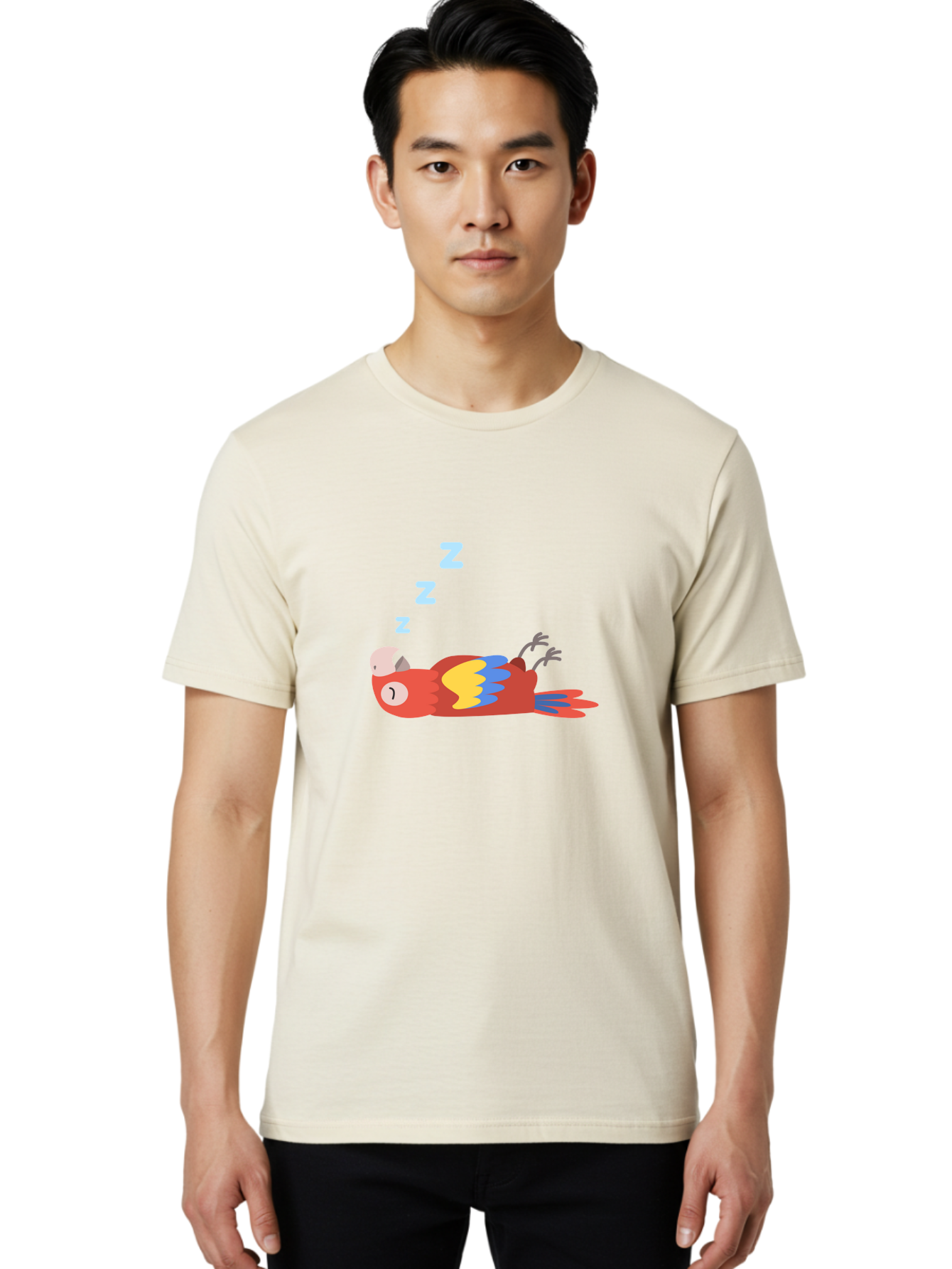 Sleeping-Parrot Men'S Graphic Tee, 100% Cotton, Comfortable Casual Summer Wear, Machine Washable, Sleeping Parrot, Cartoon Parrot, Colorful Bird, Vibrant Feathers, Blue And Yellow Wings, Relaxed Atmosphere, Dreamy Mood, Zzz Symbol Aab890 18