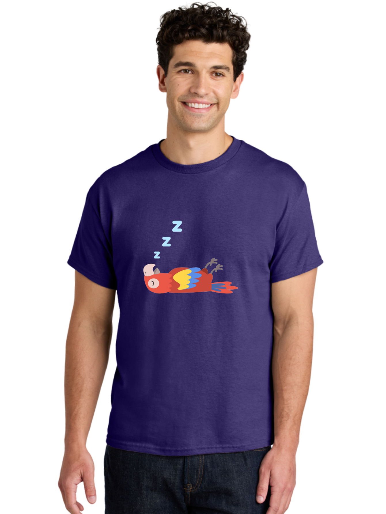 Sleeping-Parrot Men'S Graphic Tee, 100% Cotton, Comfortable Casual Summer Wear, Machine Washable, Sleeping Parrot, Cartoon Parrot, Colorful Bird, Vibrant Feathers, Blue And Yellow Wings, Relaxed Atmosphere, Dreamy Mood, Zzz Symbol Aab890 14