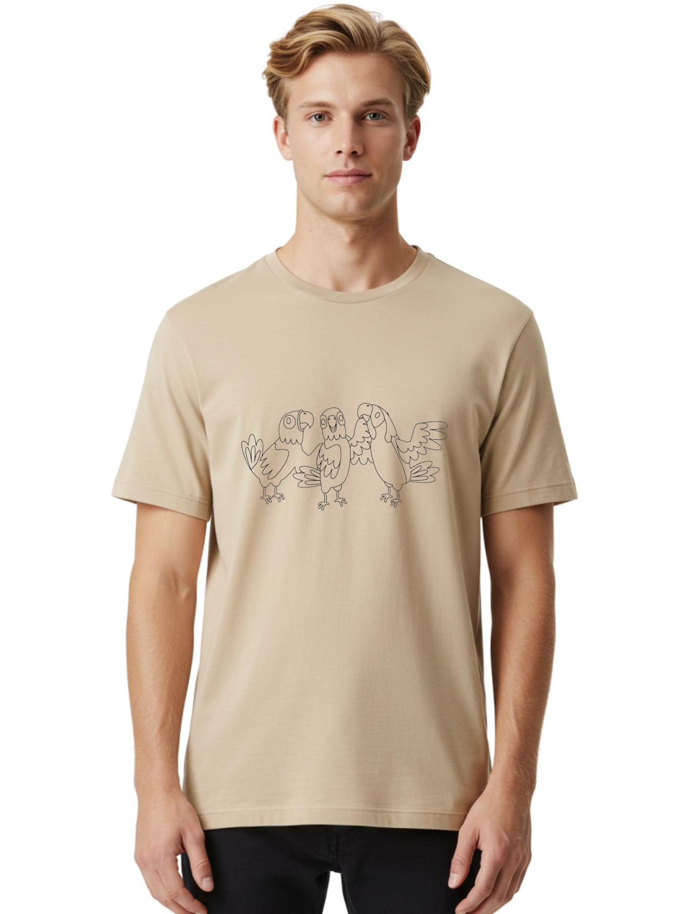 Three-Parrots-2 Men'S Graphic Tee, 100% Cotton, Comfortable Casual Summer Wear, Machine Washable, Parrots, Birds, Cartoon, Simple Line Art, Black And White, Bird Illustrations, Animal Friends Aab892 22