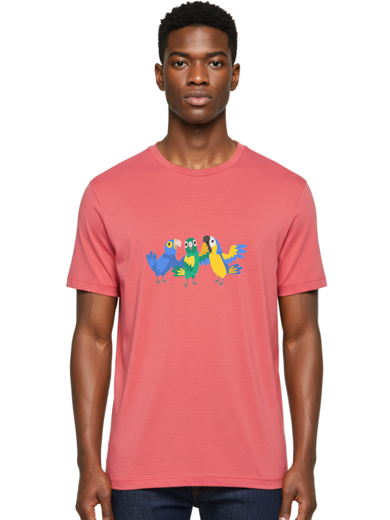Three-Parrots Men'S Graphic Tee, 100% Cotton, Comfortable Casual Summer Wear, Machine Washable, Colorful Parrots, Vibrant Blue And Yellow Feathers, Playful Birds, Parrot Friends, Tropical Birds, Bird Illustrations, Cartoon Parrots, Aab894 24