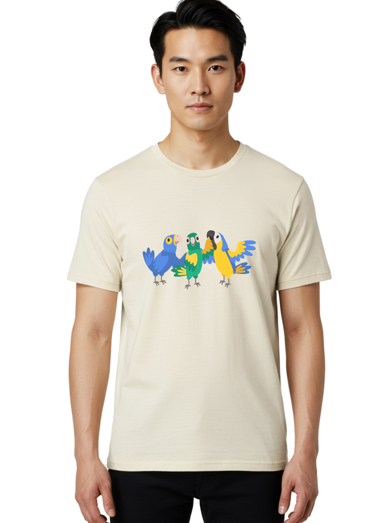 Three-Parrots Men'S Graphic Tee, 100% Cotton, Comfortable Casual Summer Wear, Machine Washable, Colorful Parrots, Vibrant Blue And Yellow Feathers, Playful Birds, Parrot Friends, Tropical Birds, Bird Illustrations, Cartoon Parrots, Aab894 18