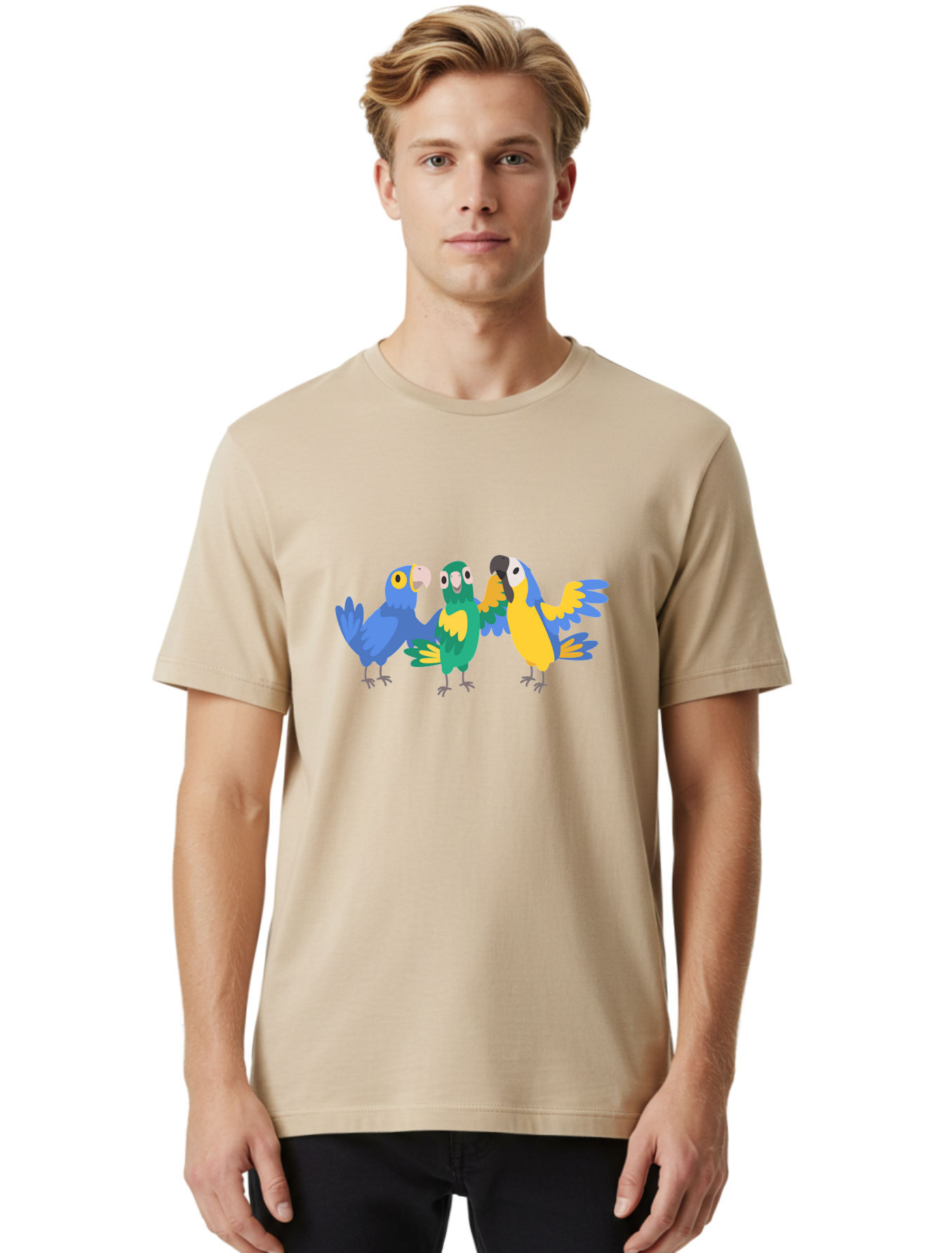 Three-Parrots Men'S Graphic Tee, 100% Cotton, Comfortable Casual Summer Wear, Machine Washable, Colorful Parrots, Vibrant Blue And Yellow Feathers, Playful Birds, Parrot Friends, Tropical Birds, Bird Illustrations, Cartoon Parrots, Aab894 14