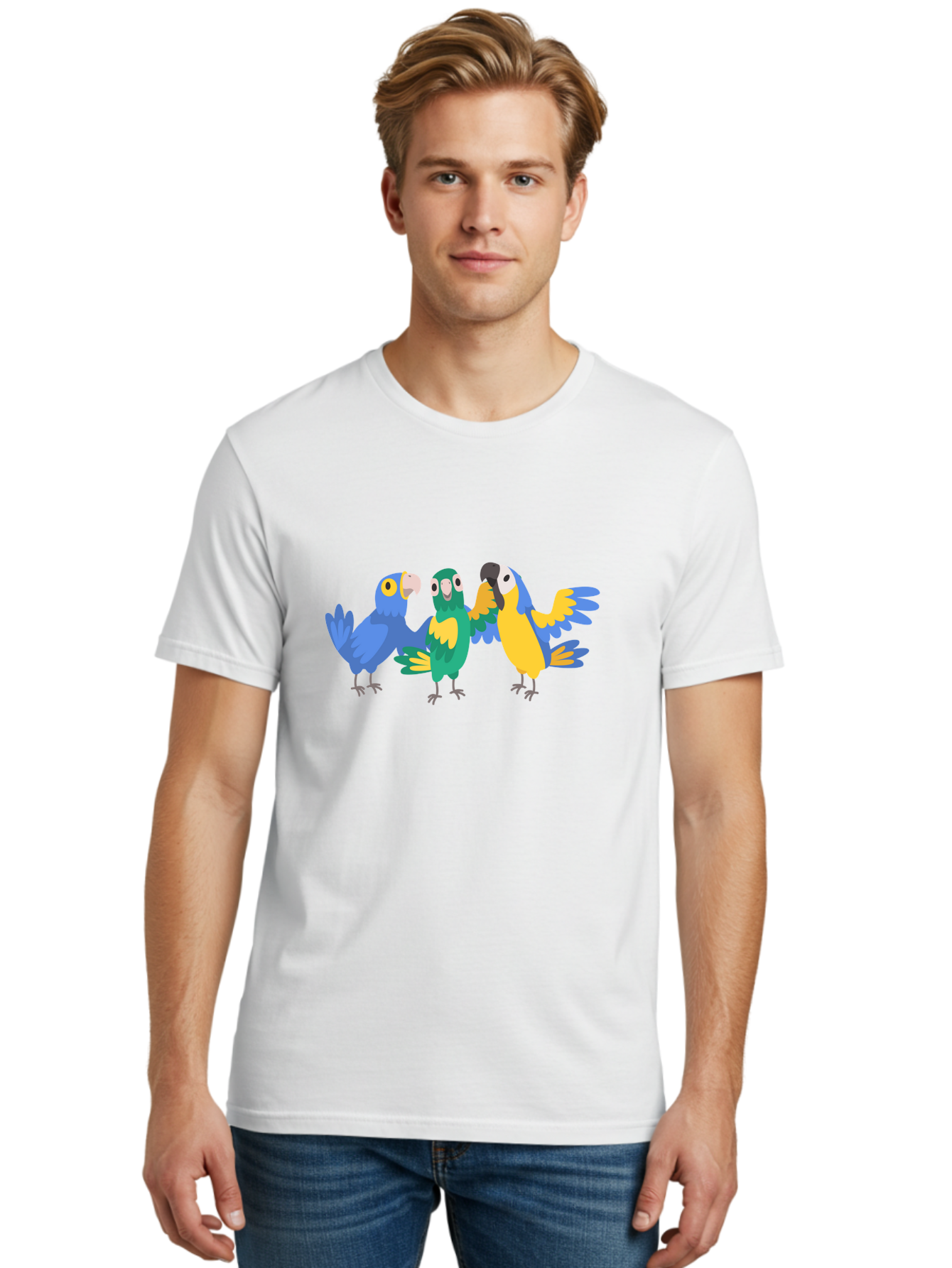 Three-Parrots Men'S Graphic Tee, 100% Cotton, Comfortable Casual Summer Wear, Machine Washable, Colorful Parrots, Vibrant Blue And Yellow Feathers, Playful Birds, Parrot Friends, Tropical Birds, Bird Illustrations, Cartoon Parrots, Aab894 30