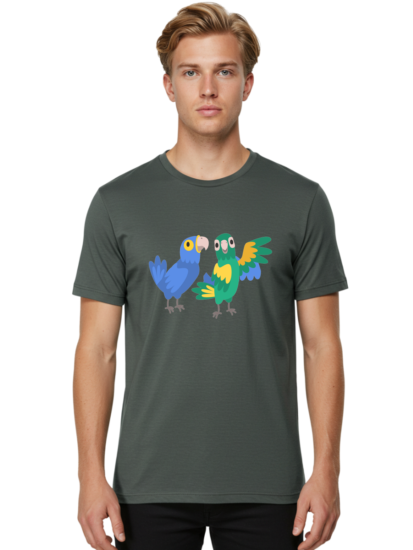 Two-Parrots Men'S Graphic Tee, 100% Cotton, Comfortable Casual Summer Wear, Machine Washable, Cartoon Parrots, Colorful Birds, Vibrant Plumage, Blue Parrot, Green Parrot, Yellow Accents, Playful Birds, Animated Creatures, Parrot Illustration, Aab896 28