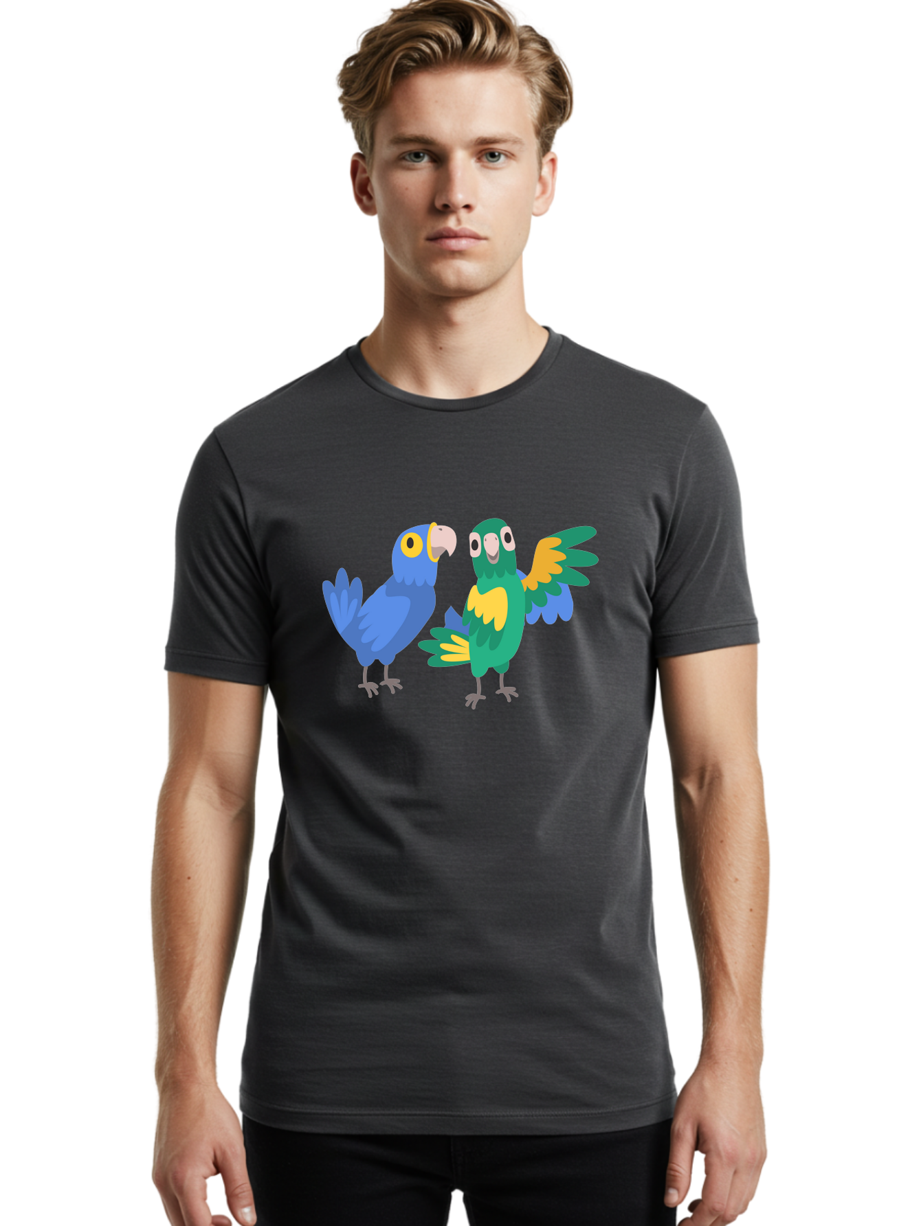 Two-Parrots Men'S Graphic Tee, 100% Cotton, Comfortable Casual Summer Wear, Machine Washable, Cartoon Parrots, Colorful Birds, Vibrant Plumage, Blue Parrot, Green Parrot, Yellow Accents, Playful Birds, Animated Creatures, Parrot Illustration, Aab896 12