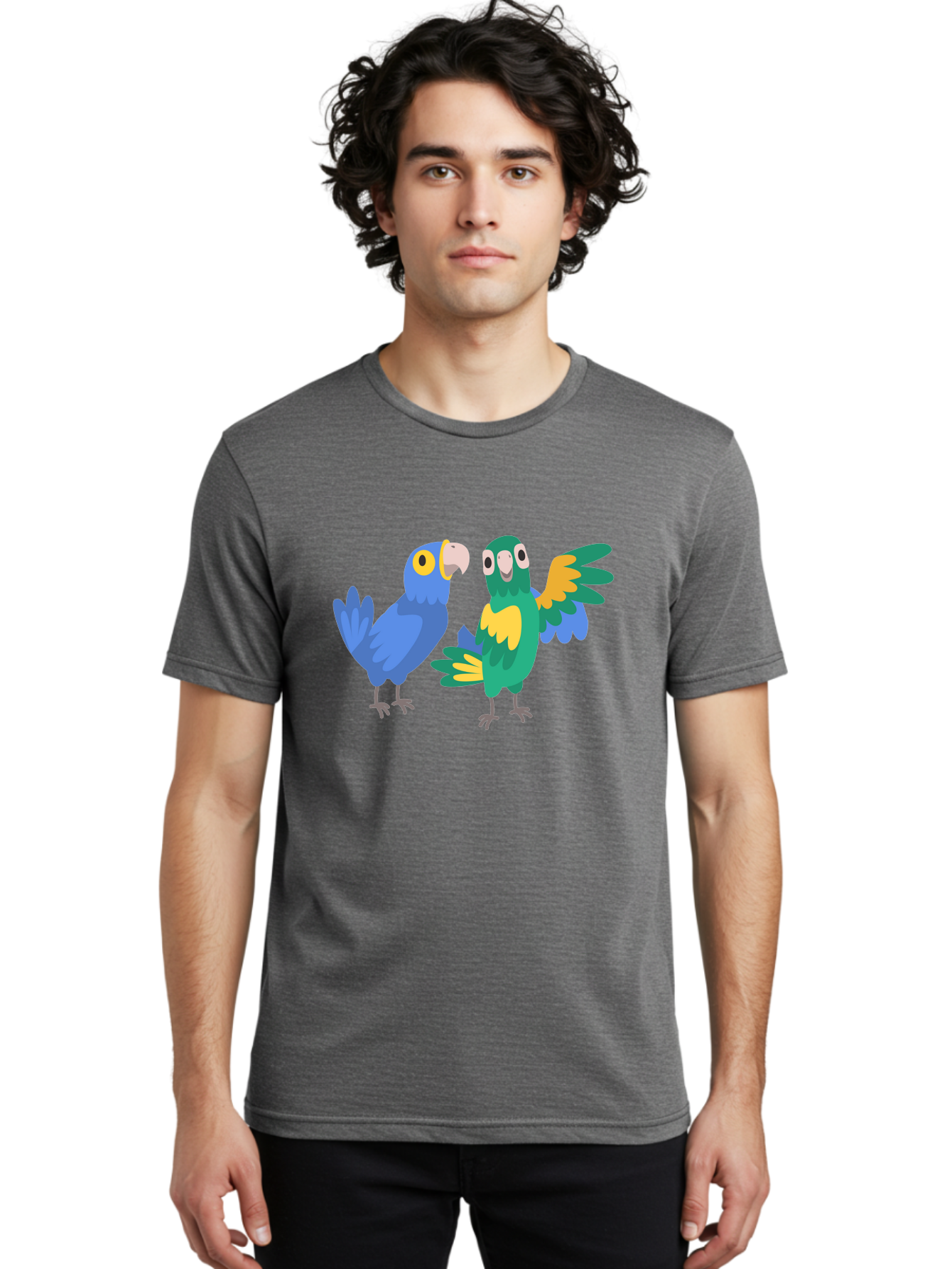 Two-Parrots Men'S Graphic Tee, 100% Cotton, Comfortable Casual Summer Wear, Machine Washable, Cartoon Parrots, Colorful Birds, Vibrant Plumage, Blue Parrot, Green Parrot, Yellow Accents, Playful Birds, Animated Creatures, Parrot Illustration, Aab896 6