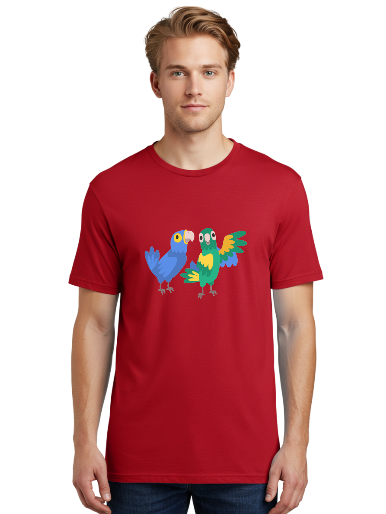 Two-Parrots Men'S Graphic Tee, 100% Cotton, Comfortable Casual Summer Wear, Machine Washable, Cartoon Parrots, Colorful Birds, Vibrant Plumage, Blue Parrot, Green Parrot, Yellow Accents, Playful Birds, Animated Creatures, Parrot Illustration, Aab896 24
