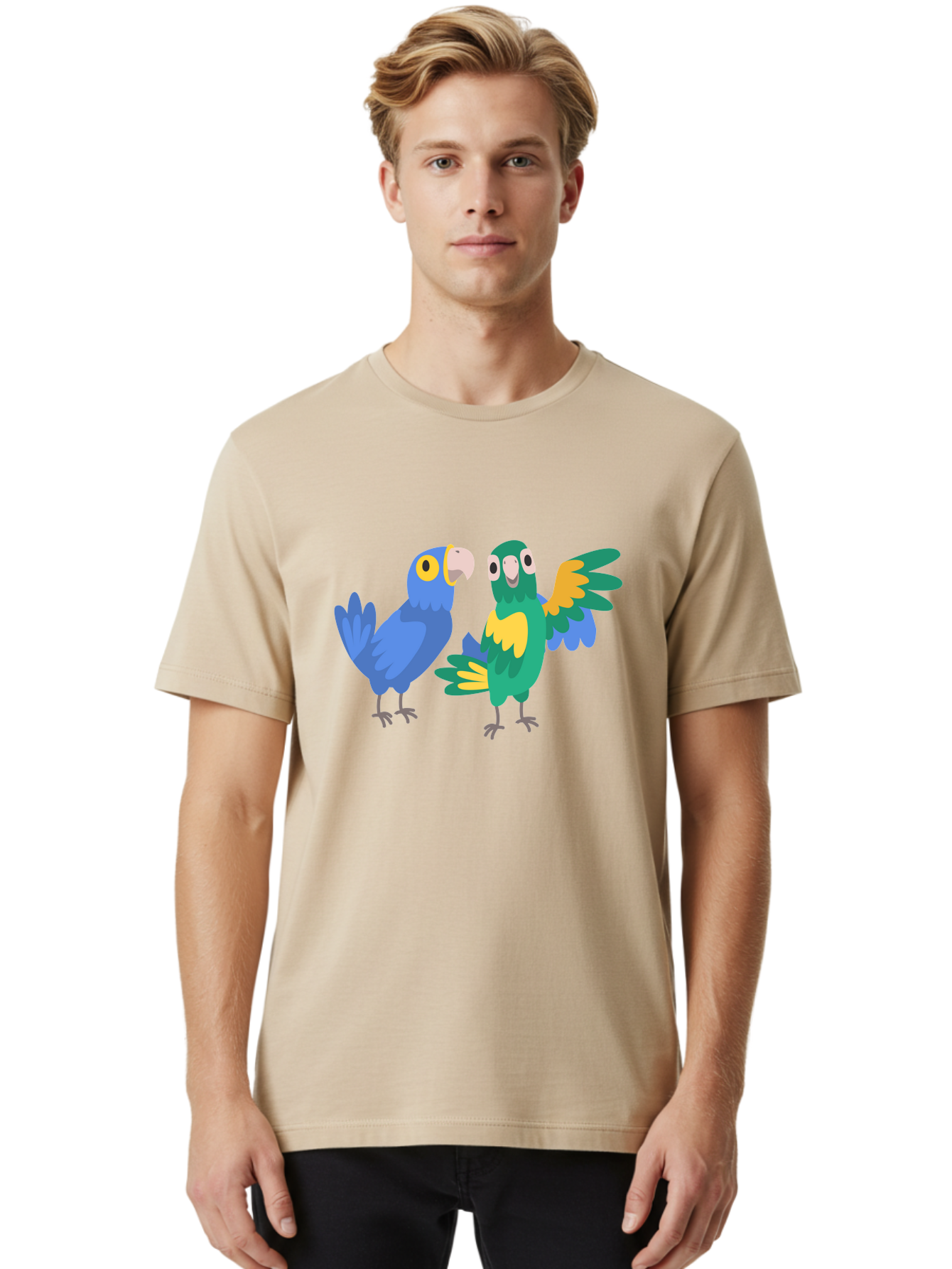 Two-Parrots Men'S Graphic Tee, 100% Cotton, Comfortable Casual Summer Wear, Machine Washable, Cartoon Parrots, Colorful Birds, Vibrant Plumage, Blue Parrot, Green Parrot, Yellow Accents, Playful Birds, Animated Creatures, Parrot Illustration, Aab896 30