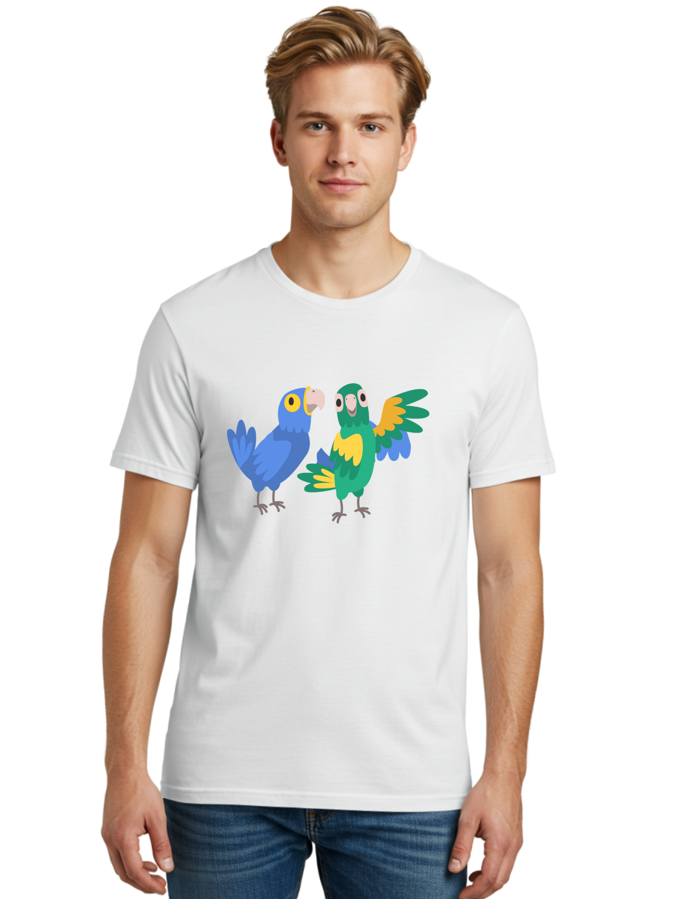 Two-Parrots Men'S Graphic Tee, 100% Cotton, Comfortable Casual Summer Wear, Machine Washable, Cartoon Parrots, Colorful Birds, Vibrant Plumage, Blue Parrot, Green Parrot, Yellow Accents, Playful Birds, Animated Creatures, Parrot Illustration, Aab896 10