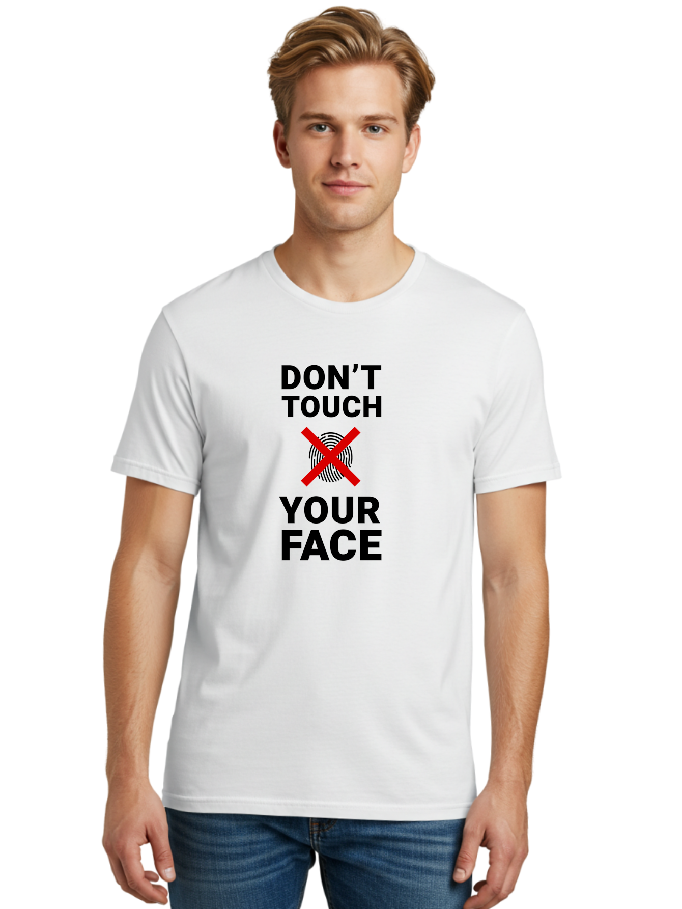Don-T-Touch-Your-Face Men'S Graphic Tee, 100% Cotton, Comfortable Casual Summer Wear, Machine Washable, Public Health Warning, Hygiene Reminder, Face Touching Prevention, Fingerprint Graphic, Red Cross Symbol, Health Safety Message, Aab901 26