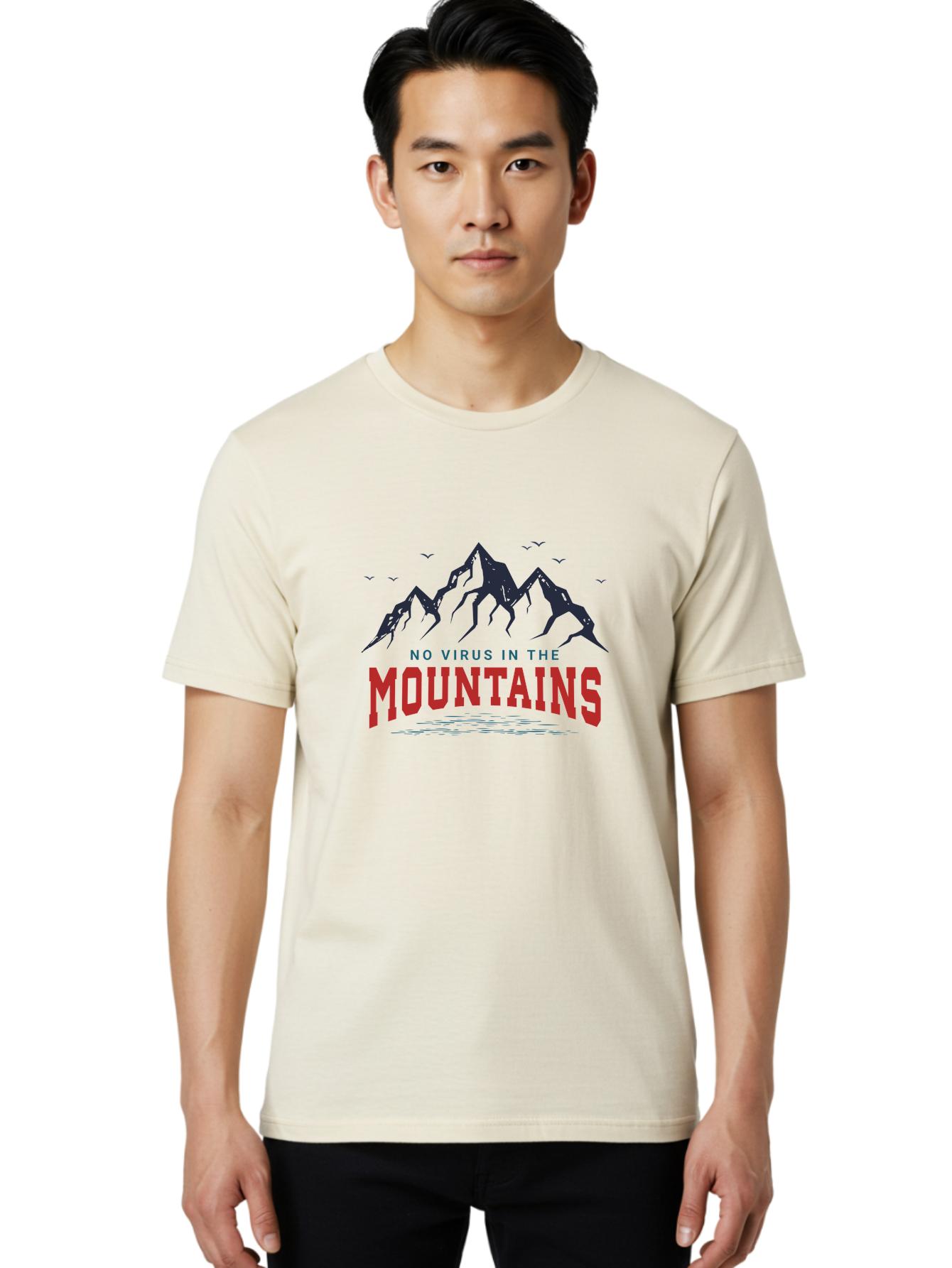 No-Virus-In-The-Mountains Men'S Graphic Tee, 100% Cotton, Comfortable Casual Summer Wear, Machine Washable, Mountain Landscape, Birds Flying, Lake Reflection, Inspiring Quote, Motivational Message, Serene Scenery, Outdoor Adventure, Aab912 20