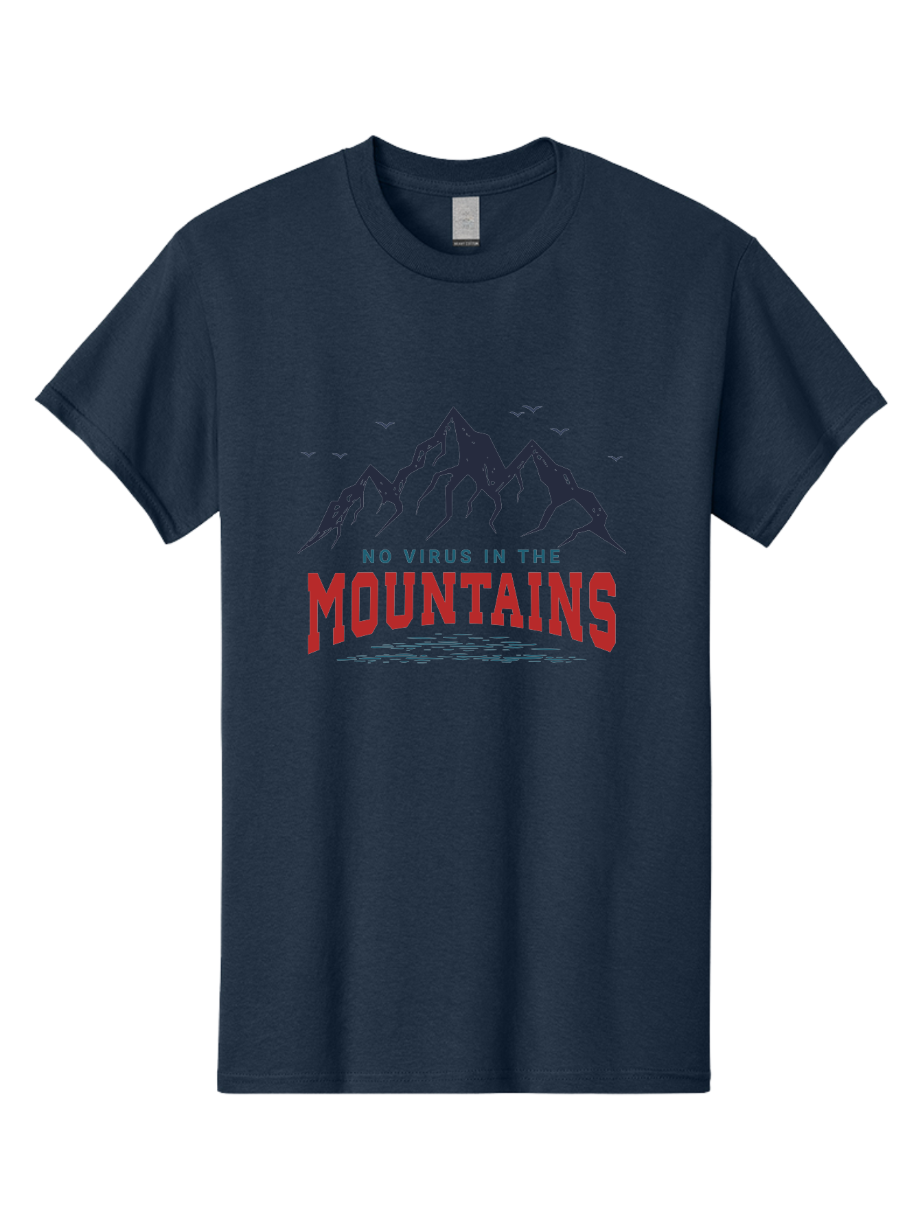 No-Virus-In-The-Mountains Men'S Graphic Tee, 100% Cotton, Comfortable Casual Summer Wear, Machine Washable, Mountain Landscape, Birds Flying, Lake Reflection, Inspiring Quote, Motivational Message, Serene Scenery, Outdoor Adventure, Aab912 23