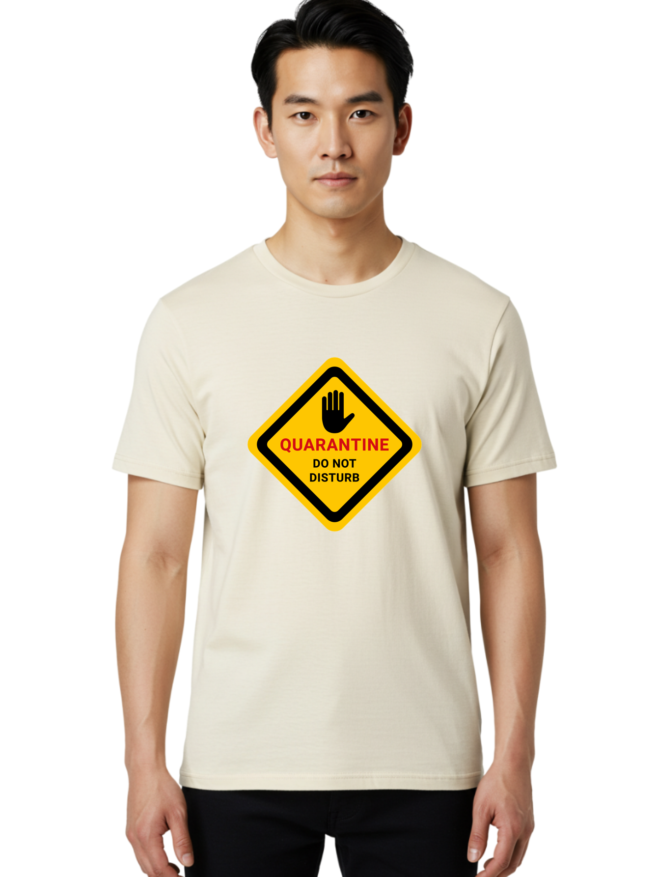 Quarantine-Warning-Sign Men'S Graphic Tee, 100% Cotton, Comfortable Casual Summer Wear, Machine Washable, Quarantine Sign, Warning Sign, Do Not Disturb, Hand Gesture, Caution Sign, Health Alert, Isolation Notice, Pandemic Warning Aab915 2