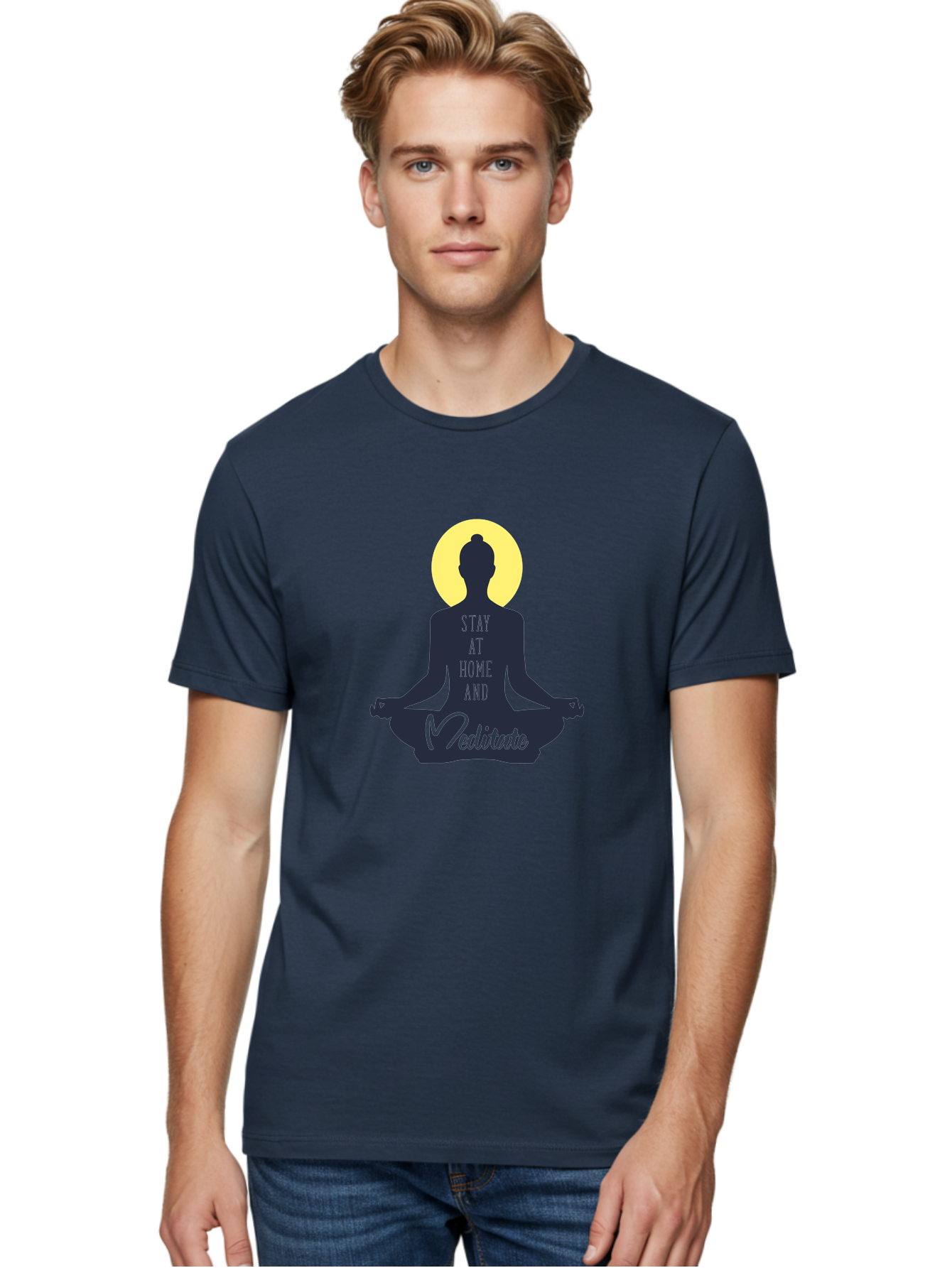 Stay-At-Home-And-Meditate Men'S Graphic Tee, 100% Cotton, Comfortable Casual Summer Wear, Machine Washable, Meditation Practice, Yoga Pose, Mindfulness, Inner Peace, Relaxation, Staying Home, Calm Atmosphere, Lotus Position, Serene Mood, Aab921 8