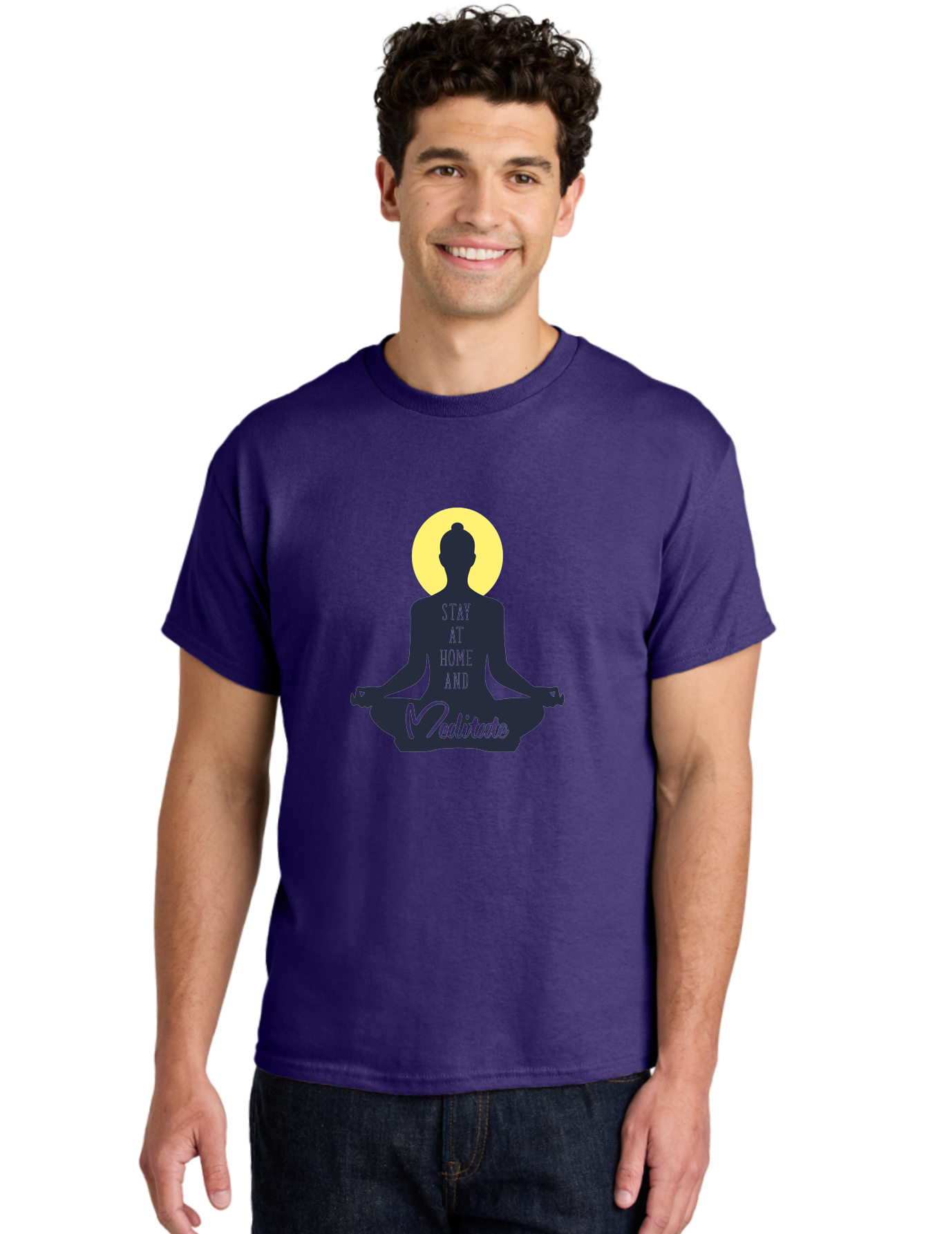 Stay-At-Home-And-Meditate Men'S Graphic Tee, 100% Cotton, Comfortable Casual Summer Wear, Machine Washable, Meditation Practice, Yoga Pose, Mindfulness, Inner Peace, Relaxation, Staying Home, Calm Atmosphere, Lotus Position, Serene Mood, Aab921 12