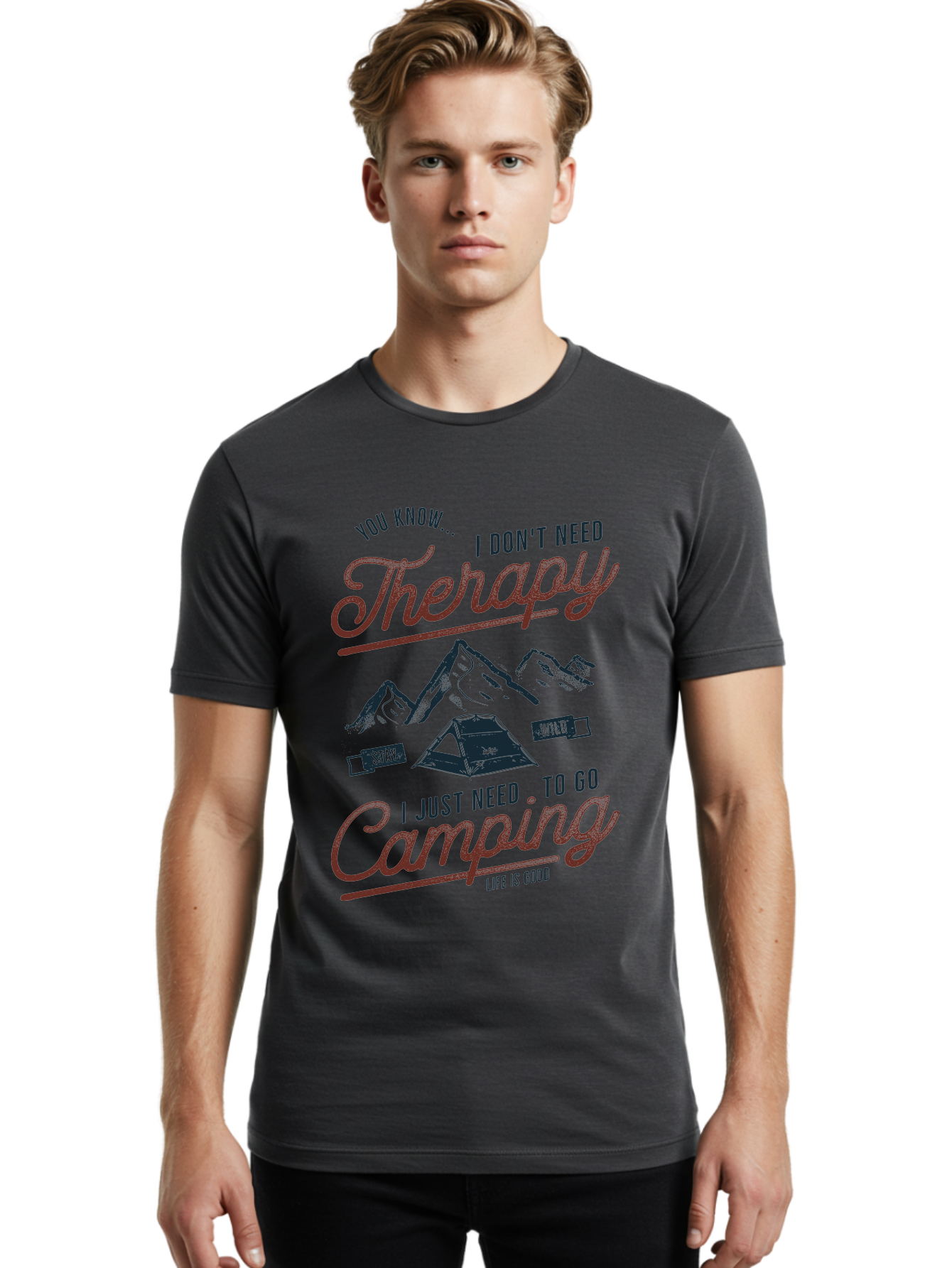 Camping-Therapy Men'S Graphic Tee, 100% Cotton, Comfortable Casual Summer Wear, Machine Washable, Camping Therapy, Outdoor Adventure, Wilderness Escape, Stay Wild, Life Is Good, Nature Therapy, Camping Quotes, Adventure Seeking, Aab931 2