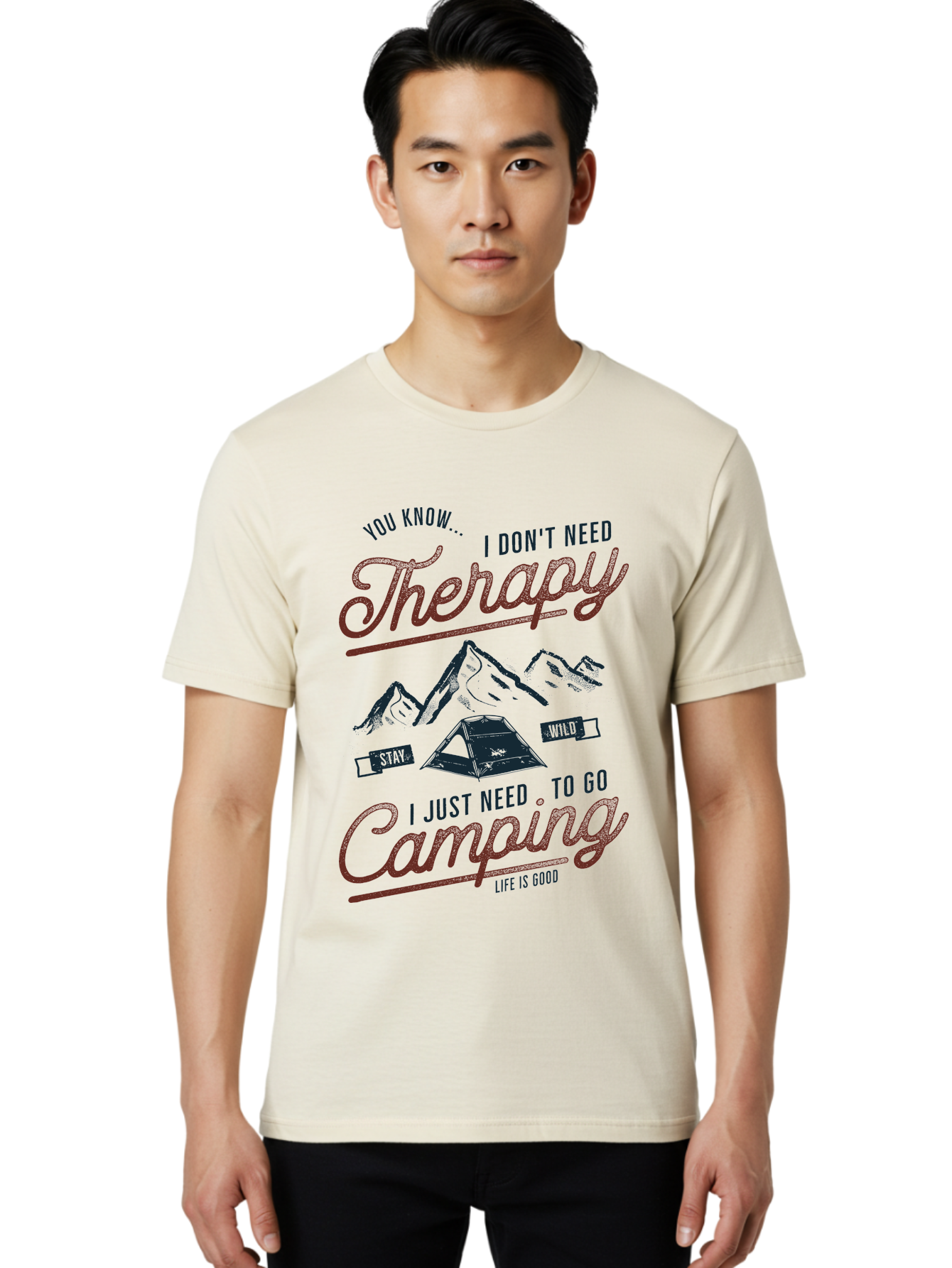 Camping-Therapy Men'S Graphic Tee, 100% Cotton, Comfortable Casual Summer Wear, Machine Washable, Camping Therapy, Outdoor Adventure, Wilderness Escape, Stay Wild, Life Is Good, Nature Therapy, Camping Quotes, Adventure Seeking, Aab931 30