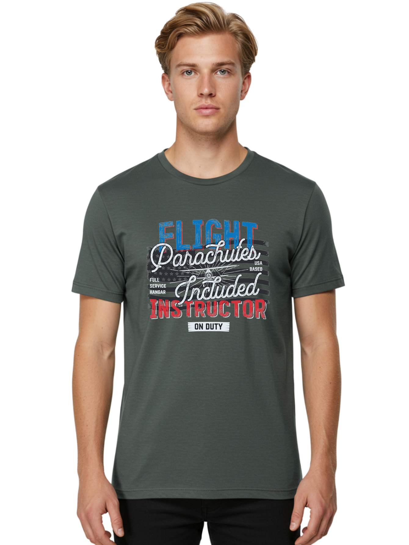 Flight-Parachutes-Included-Instructor Men'S Graphic Tee, 100% Cotton, Comfortable Casual Summer Wear, Machine Washable, Parachute Instructor, Usa Based, Full Service Hangar, On Duty, Flight Training, Parachute Lessons, Skydiving Instructor, Aab934 24