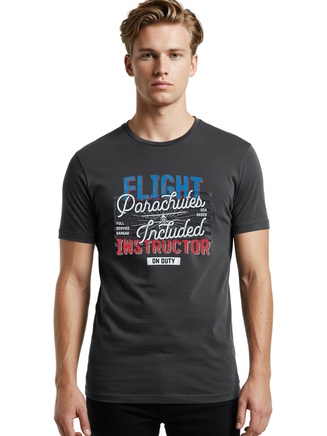 Flight-Parachutes-Included-Instructor Men'S Graphic Tee, 100% Cotton, Comfortable Casual Summer Wear, Machine Washable, Parachute Instructor, Usa Based, Full Service Hangar, On Duty, Flight Training, Parachute Lessons, Skydiving Instructor, Aab934 28
