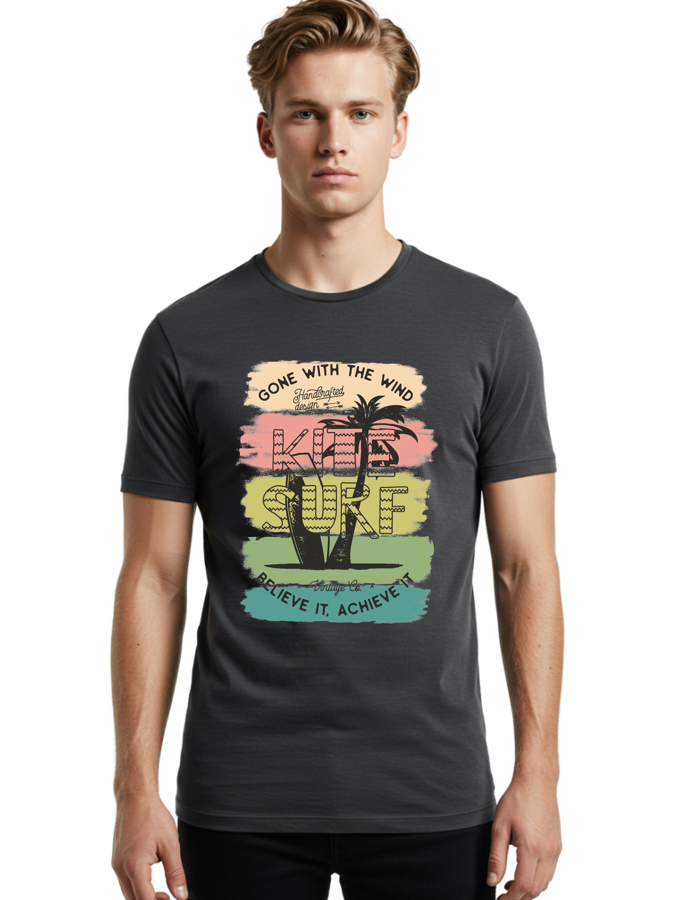 Gone-With-The-Wind-Kite-Surf Men'S Graphic Tee, 100% Cotton, Comfortable Casual Summer Wear, Machine Washable, Surfing Inspiration, Vintage Style, Motivational Quote, Surf Culture, Beach Vibes, Retro Design, Handcrafted Art, Aab935 12