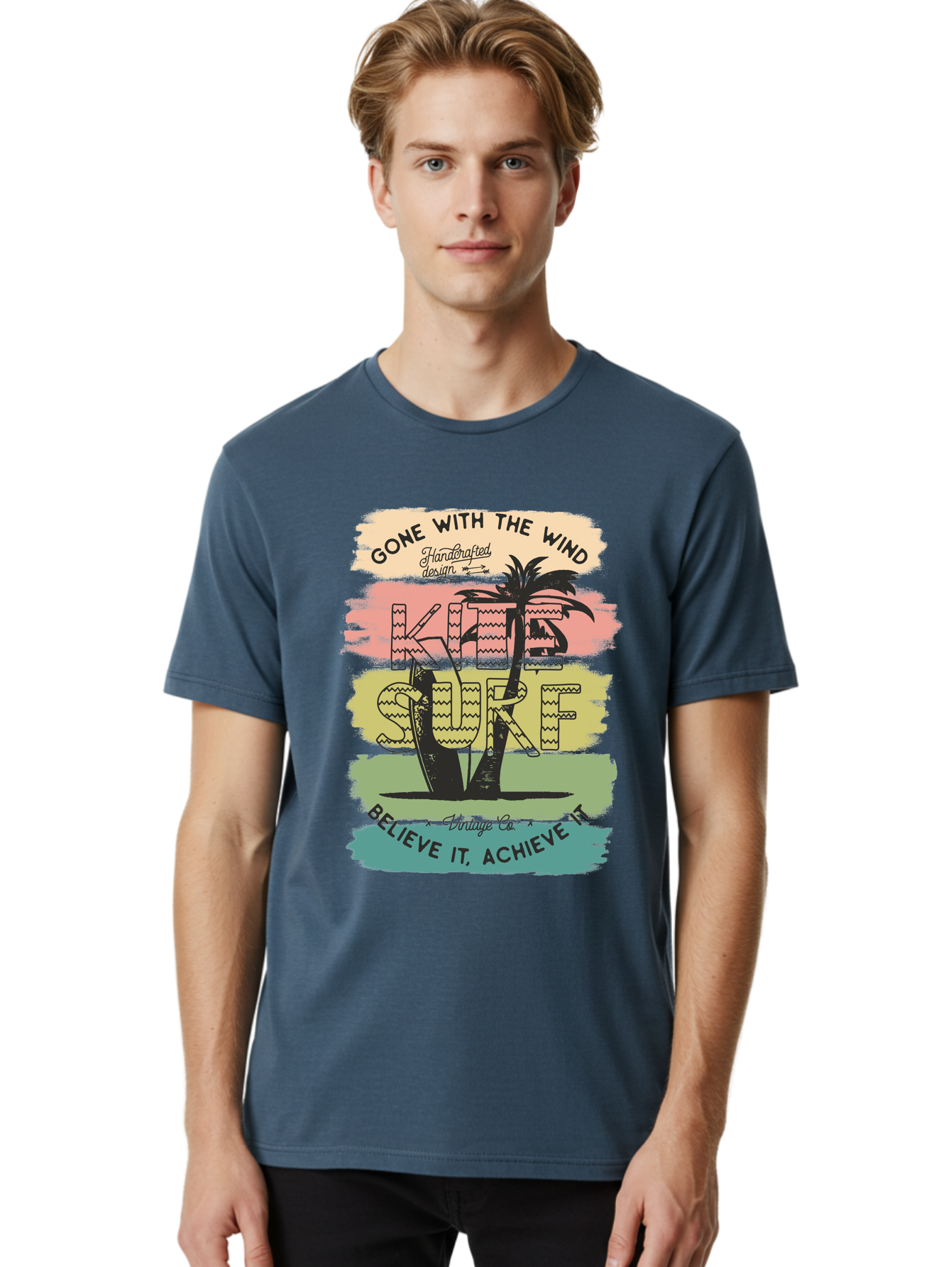 Gone-With-The-Wind-Kite-Surf Men'S Graphic Tee, 100% Cotton, Comfortable Casual Summer Wear, Machine Washable, Surfing Inspiration, Vintage Style, Motivational Quote, Surf Culture, Beach Vibes, Retro Design, Handcrafted Art, Aab935 30