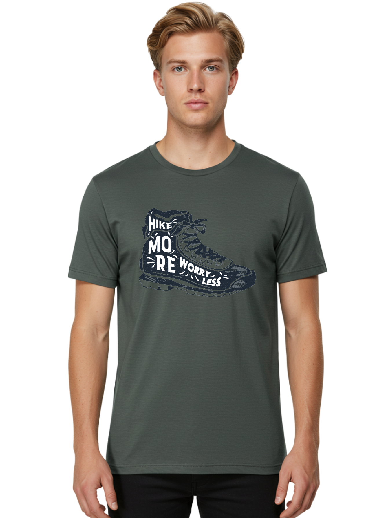 Hike-More-Worry-Less Men'S Graphic Tee, 100% Cotton, Comfortable Casual Summer Wear, Machine Washable, Hiking Boot, Motivational Quote, Outdoor Adventure, Hiking Inspiration, Wellness, Active Lifestyle, Nature Escape, Adventure Seeking, Aab936 18