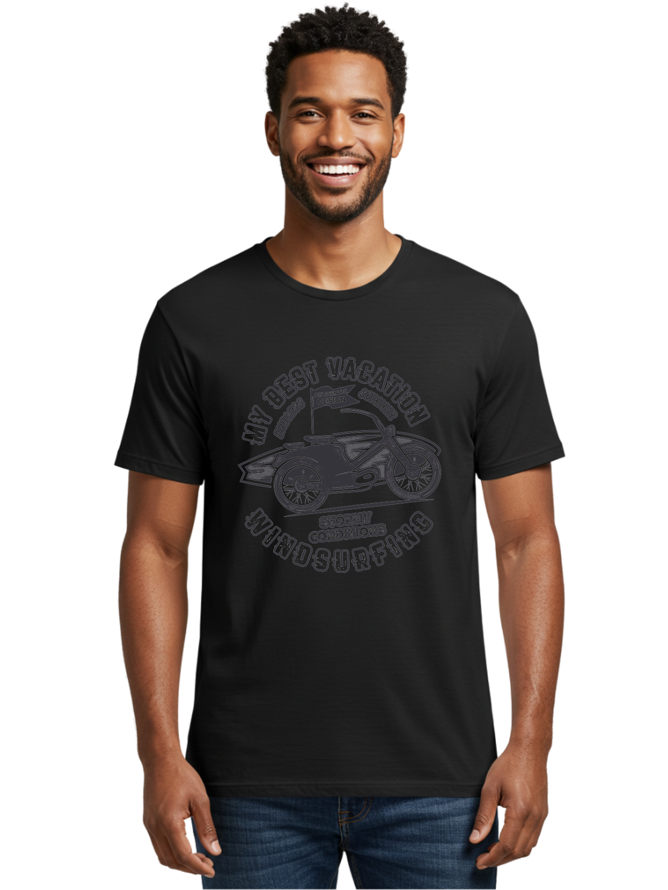 My-Best-Vacation-Windsurfing Men'S Graphic Tee, 100% Cotton, Comfortable Casual Summer Wear, Machine Washable, Motorcycle With Flag, Endless Summer, Stormy Conditions, Authentic Design, Winds Contention, Vacation Mode, Outdoor Adventure, Aab944 6