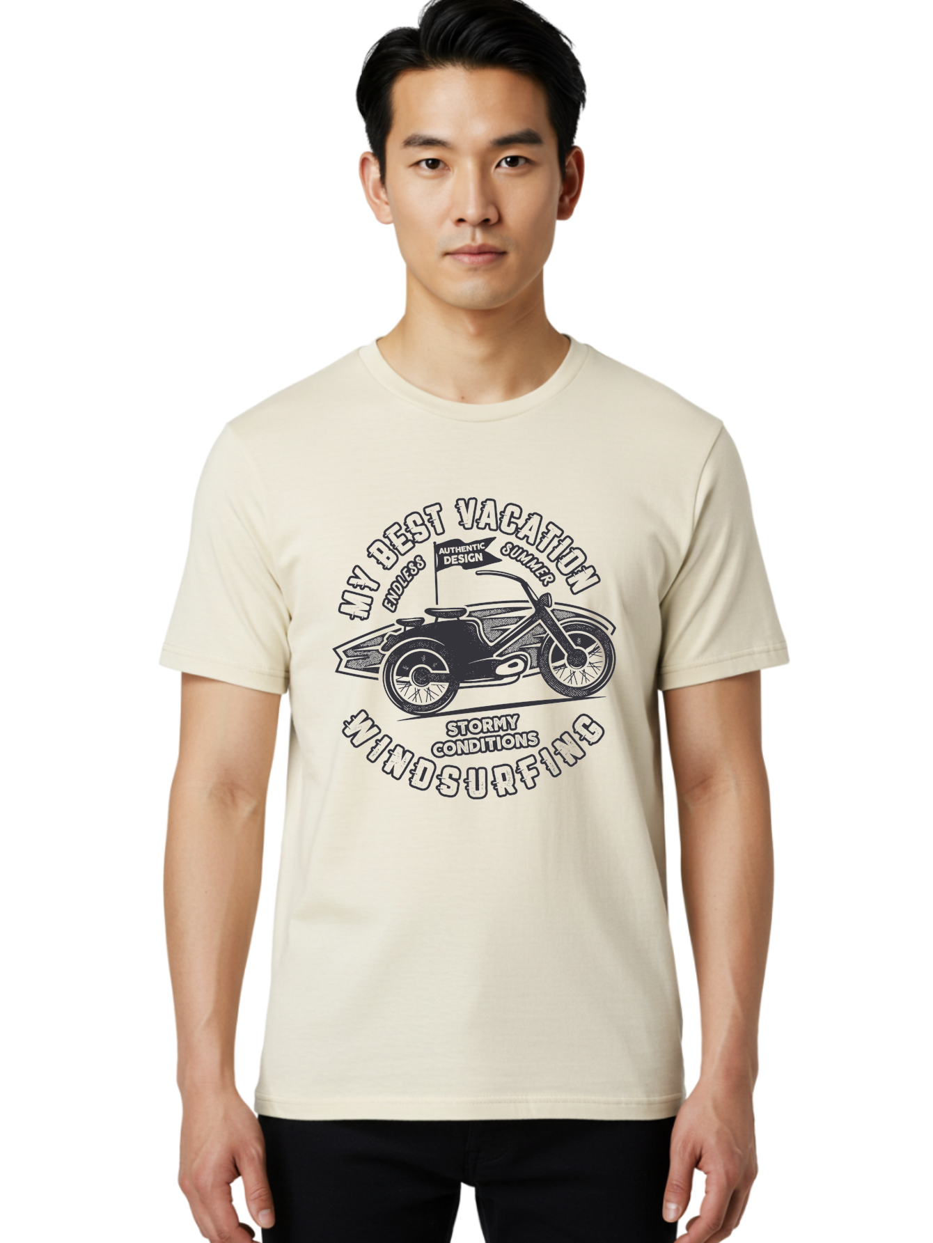 My-Best-Vacation-Windsurfing Men'S Graphic Tee, 100% Cotton, Comfortable Casual Summer Wear, Machine Washable, Motorcycle With Flag, Endless Summer, Stormy Conditions, Authentic Design, Winds Contention, Vacation Mode, Outdoor Adventure, Aab944 12
