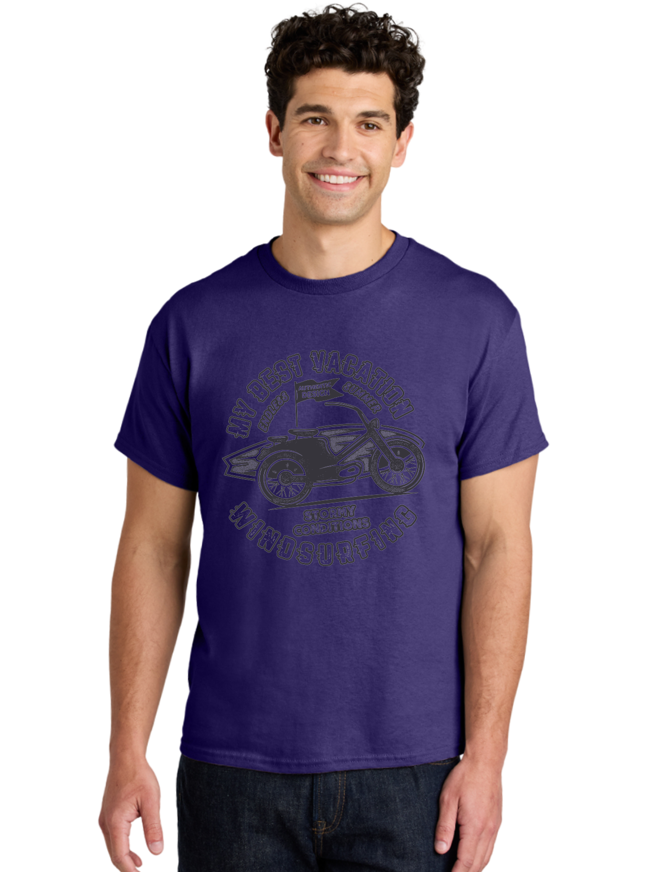 My-Best-Vacation-Windsurfing Men'S Graphic Tee, 100% Cotton, Comfortable Casual Summer Wear, Machine Washable, Motorcycle With Flag, Endless Summer, Stormy Conditions, Authentic Design, Winds Contention, Vacation Mode, Outdoor Adventure, Aab944 16