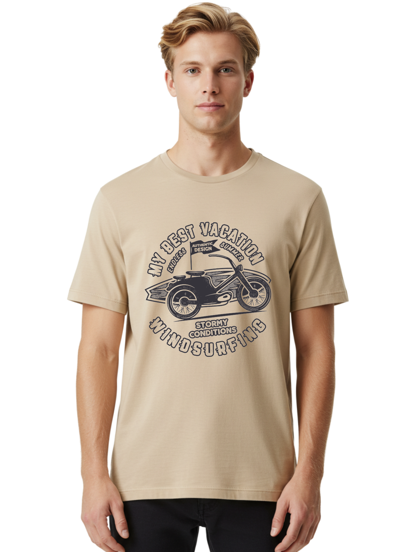My-Best-Vacation-Windsurfing Men'S Graphic Tee, 100% Cotton, Comfortable Casual Summer Wear, Machine Washable, Motorcycle With Flag, Endless Summer, Stormy Conditions, Authentic Design, Winds Contention, Vacation Mode, Outdoor Adventure, Aab944 18