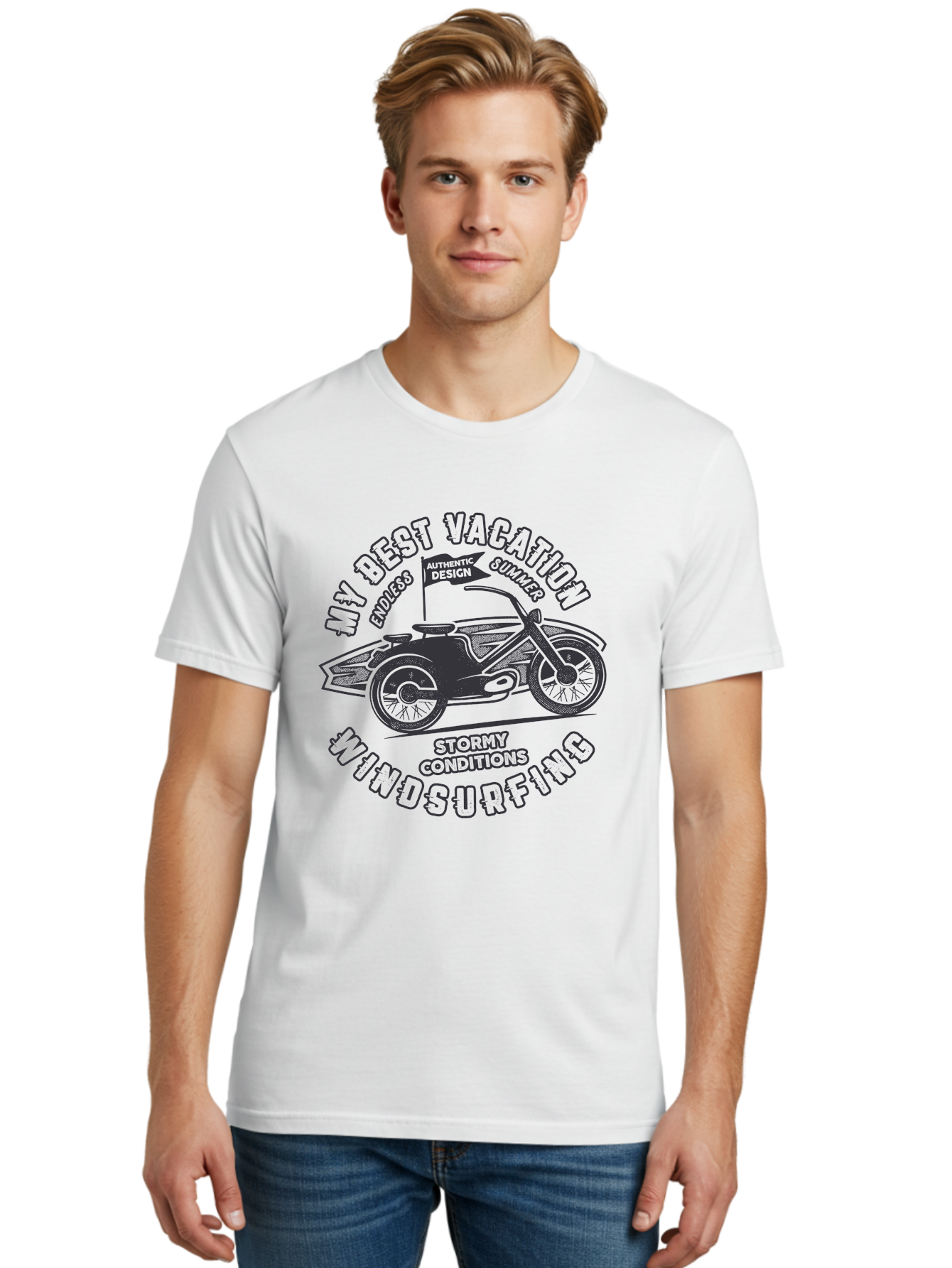 My-Best-Vacation-Windsurfing Men'S Graphic Tee, 100% Cotton, Comfortable Casual Summer Wear, Machine Washable, Motorcycle With Flag, Endless Summer, Stormy Conditions, Authentic Design, Winds Contention, Vacation Mode, Outdoor Adventure, Aab944 4