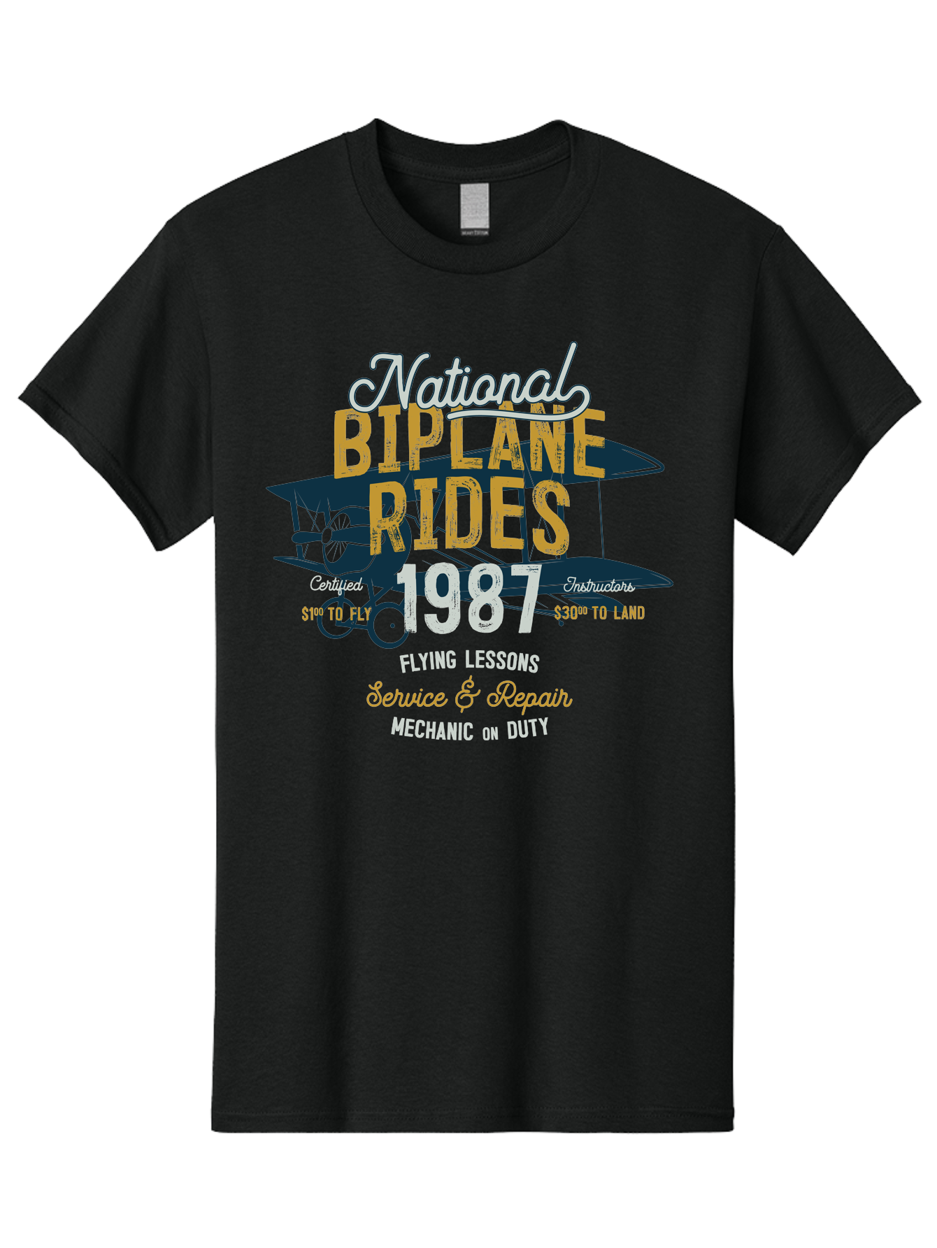 National-Biplane-Rides Men'S Graphic Tee, 100% Cotton, Comfortable Casual Summer Wear, Machine Washable, Vintage Airplane, Biplane Rides, Flying Lessons, Certified Instructors, Service And Repair, Mechanic On Duty, Aviation Experience, 1987, Aab946 11