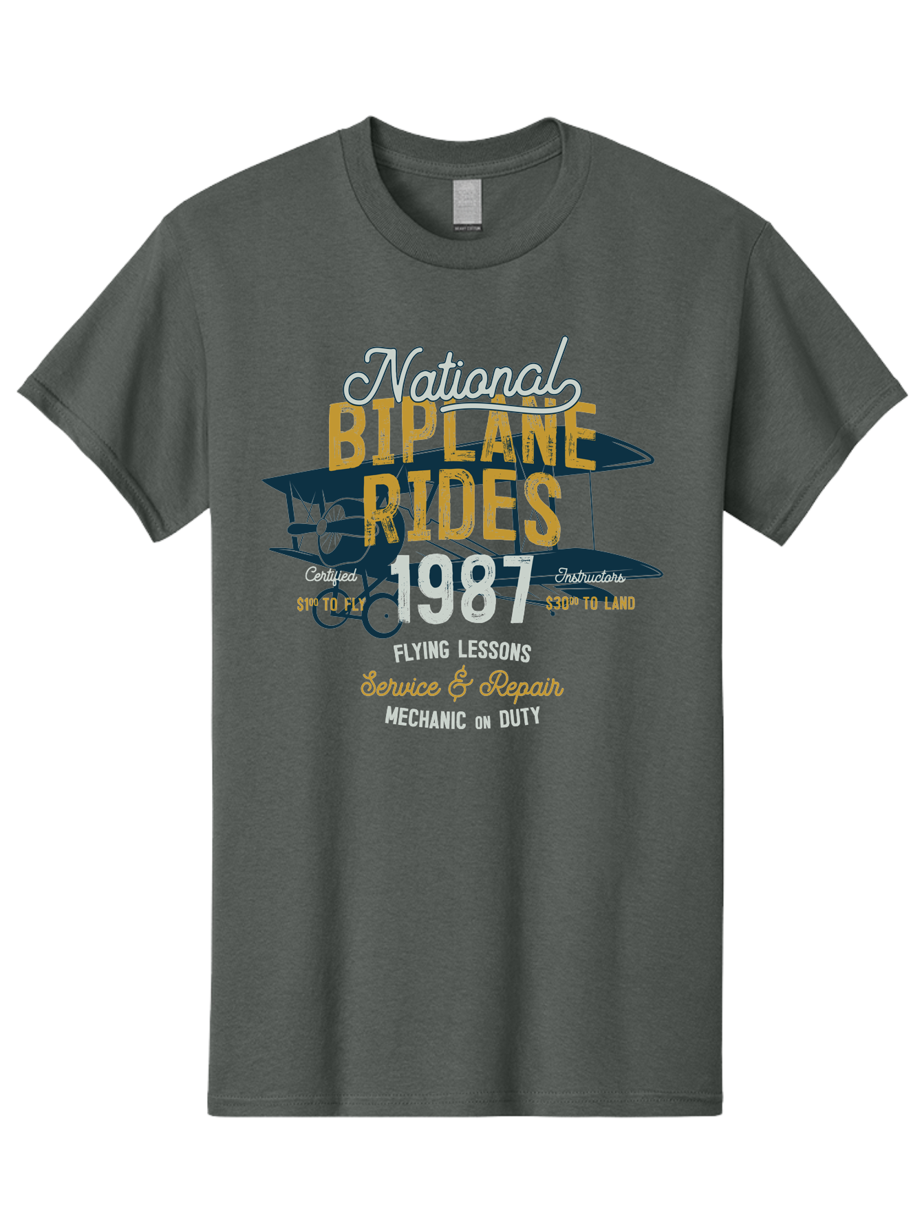 National-Biplane-Rides Men'S Graphic Tee, 100% Cotton, Comfortable Casual Summer Wear, Machine Washable, Vintage Airplane, Biplane Rides, Flying Lessons, Certified Instructors, Service And Repair, Mechanic On Duty, Aviation Experience, 1987, Aab946 7