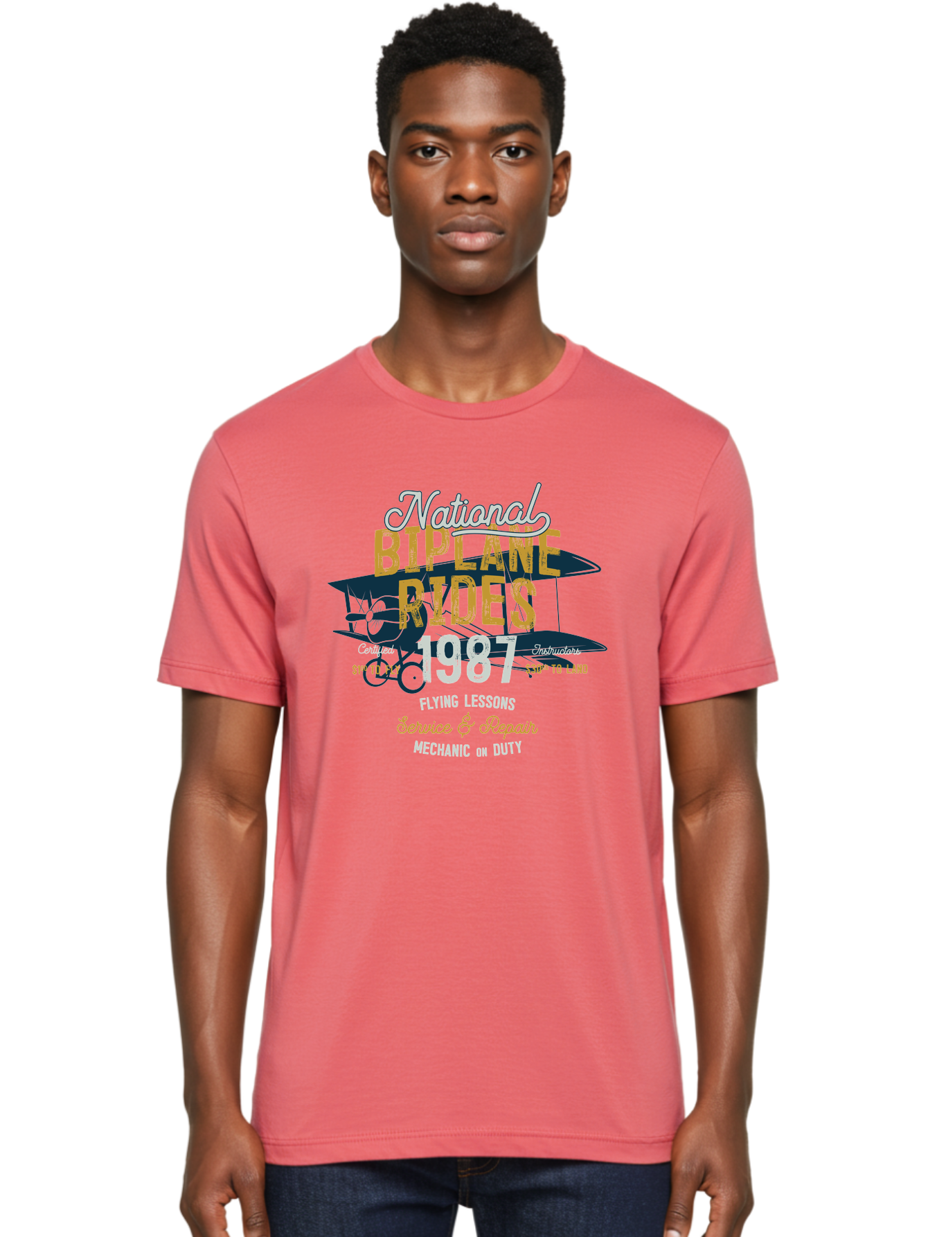 National-Biplane-Rides Men'S Graphic Tee, 100% Cotton, Comfortable Casual Summer Wear, Machine Washable, Vintage Airplane, Biplane Rides, Flying Lessons, Certified Instructors, Service And Repair, Mechanic On Duty, Aviation Experience, 1987, Aab946 20